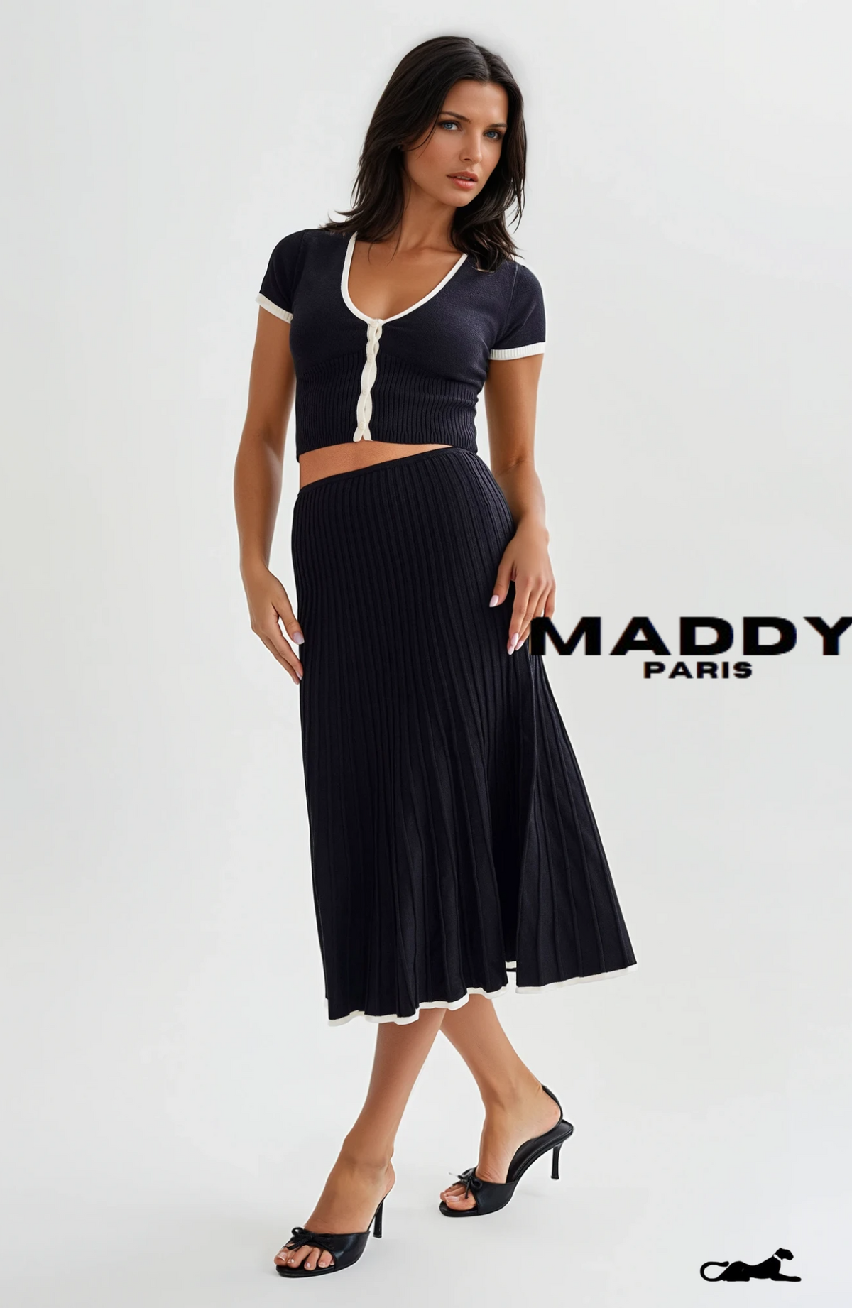 JOLENE RIBBED KNIT MIDI SKIRT SET - BLACK