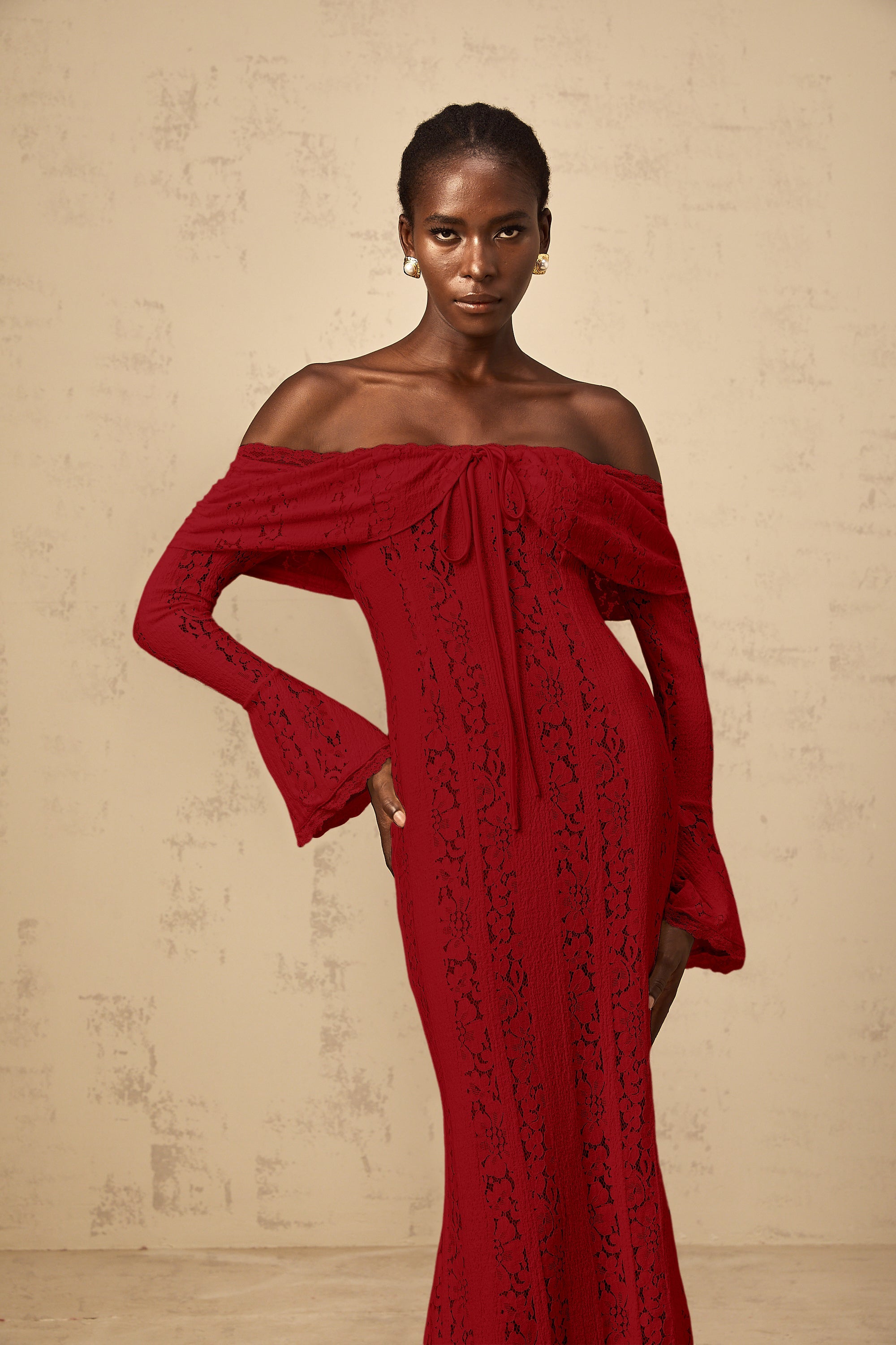 Émeline floral lace train-design maxi dress in Red (Final Sale-US Only)