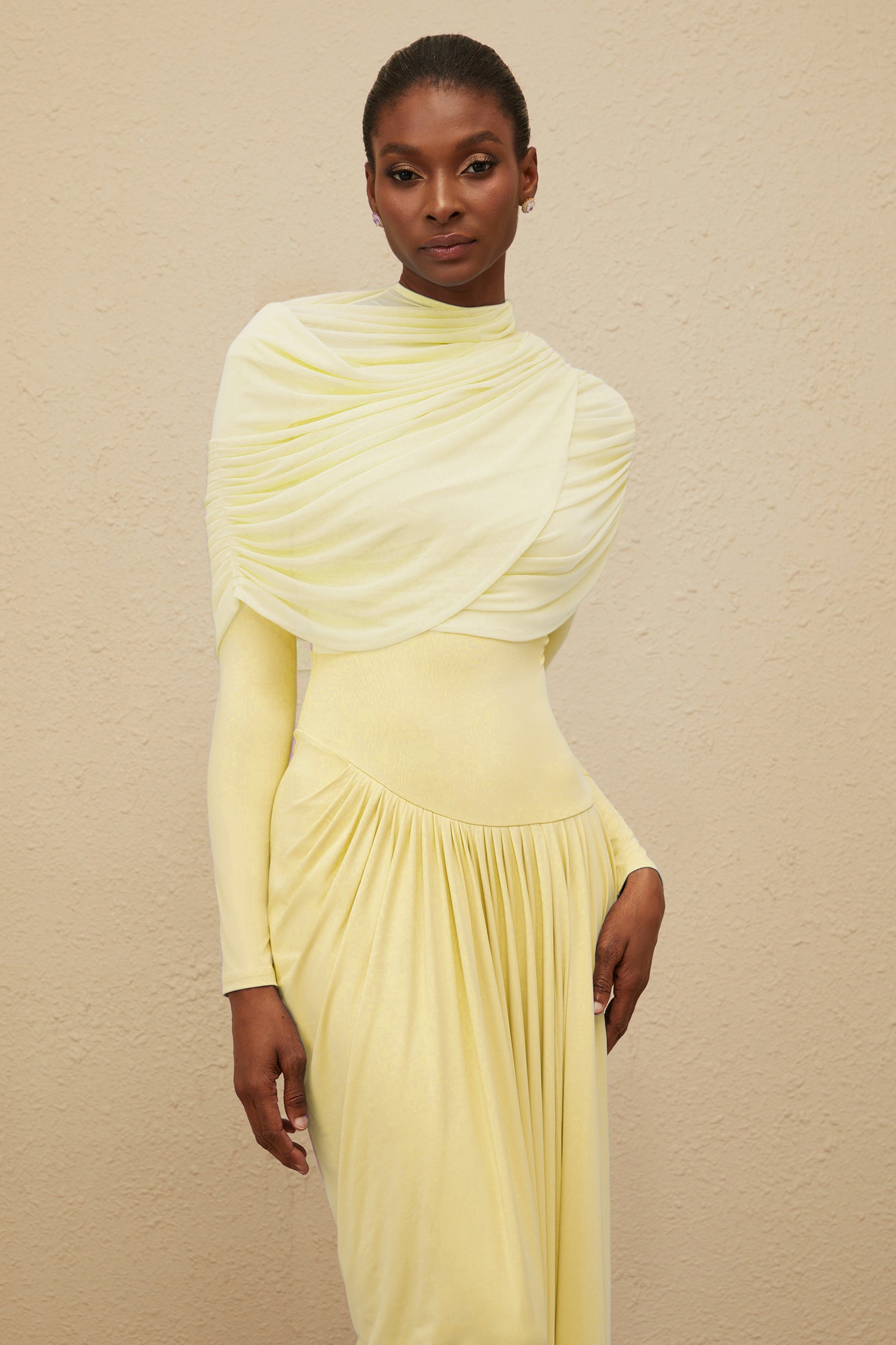 Catherine Yellow Asymmetrical Pleated Long-Sleeve Maxi Dress
