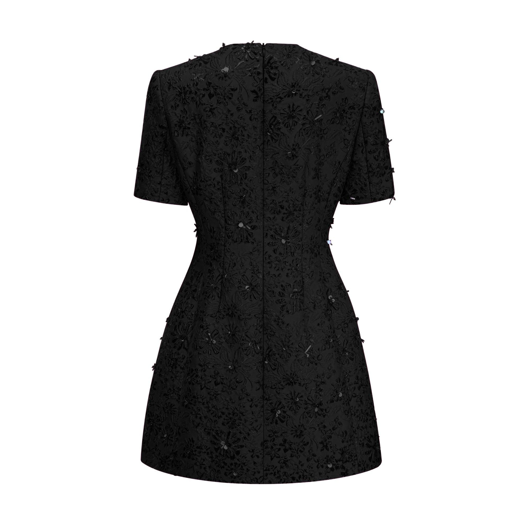 Celestia Floral-Appliqué Embellished Mini Dress in Black