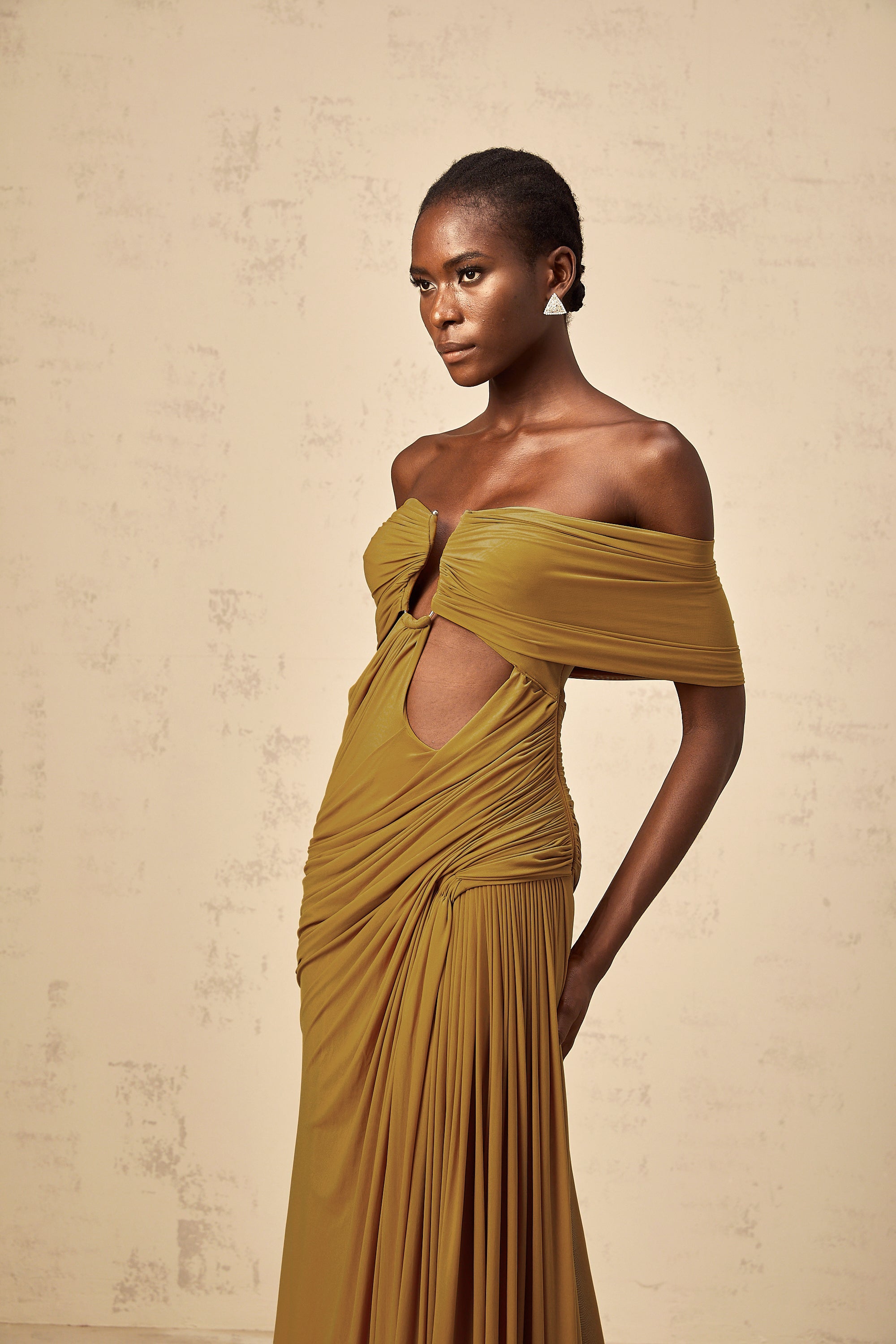 Ludivine ocher off-shoulder cut-out ruched maxi dress (Final Sale-US Only)