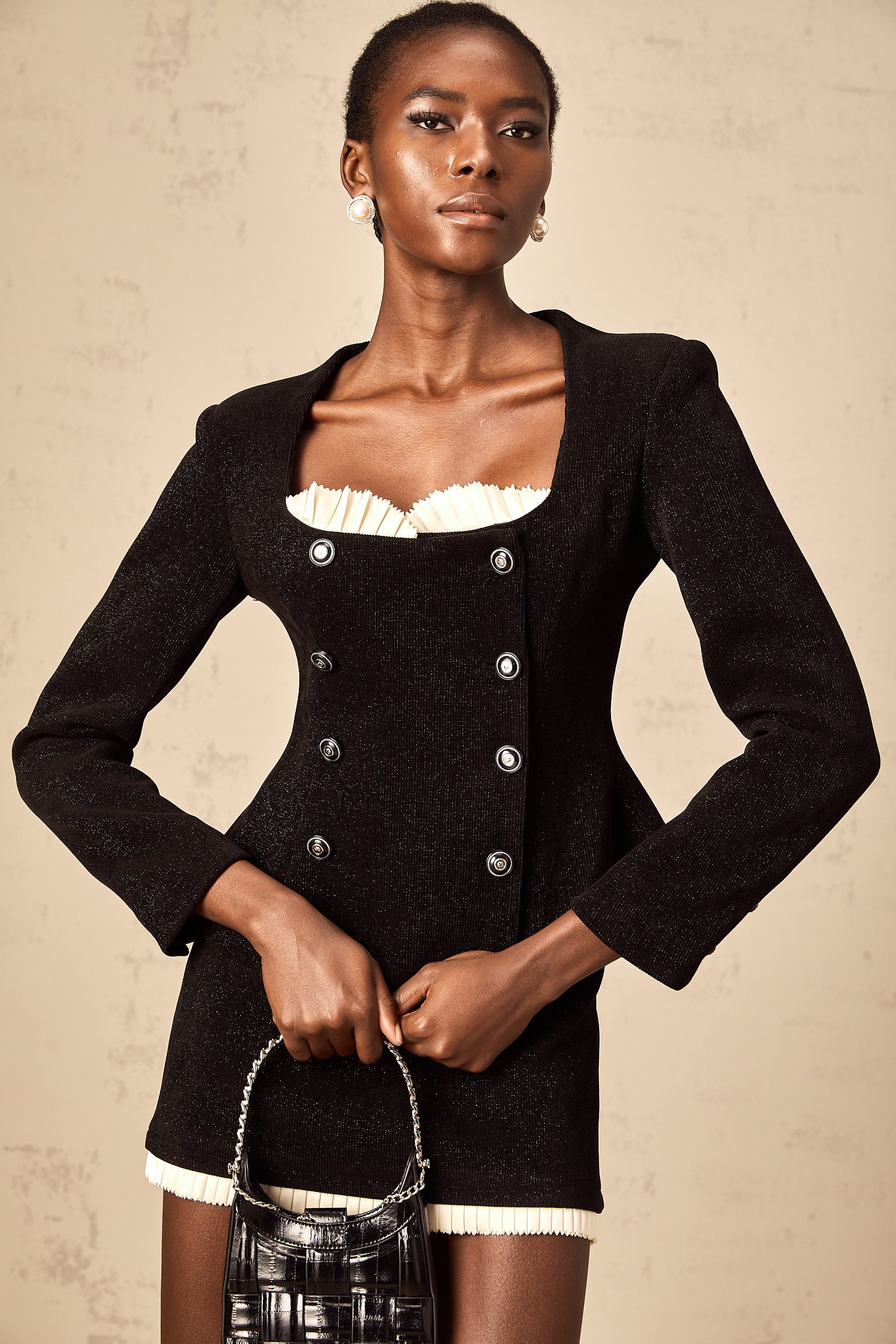Hilaire black corduroy panelled top & skirt matching set (Final Sale)