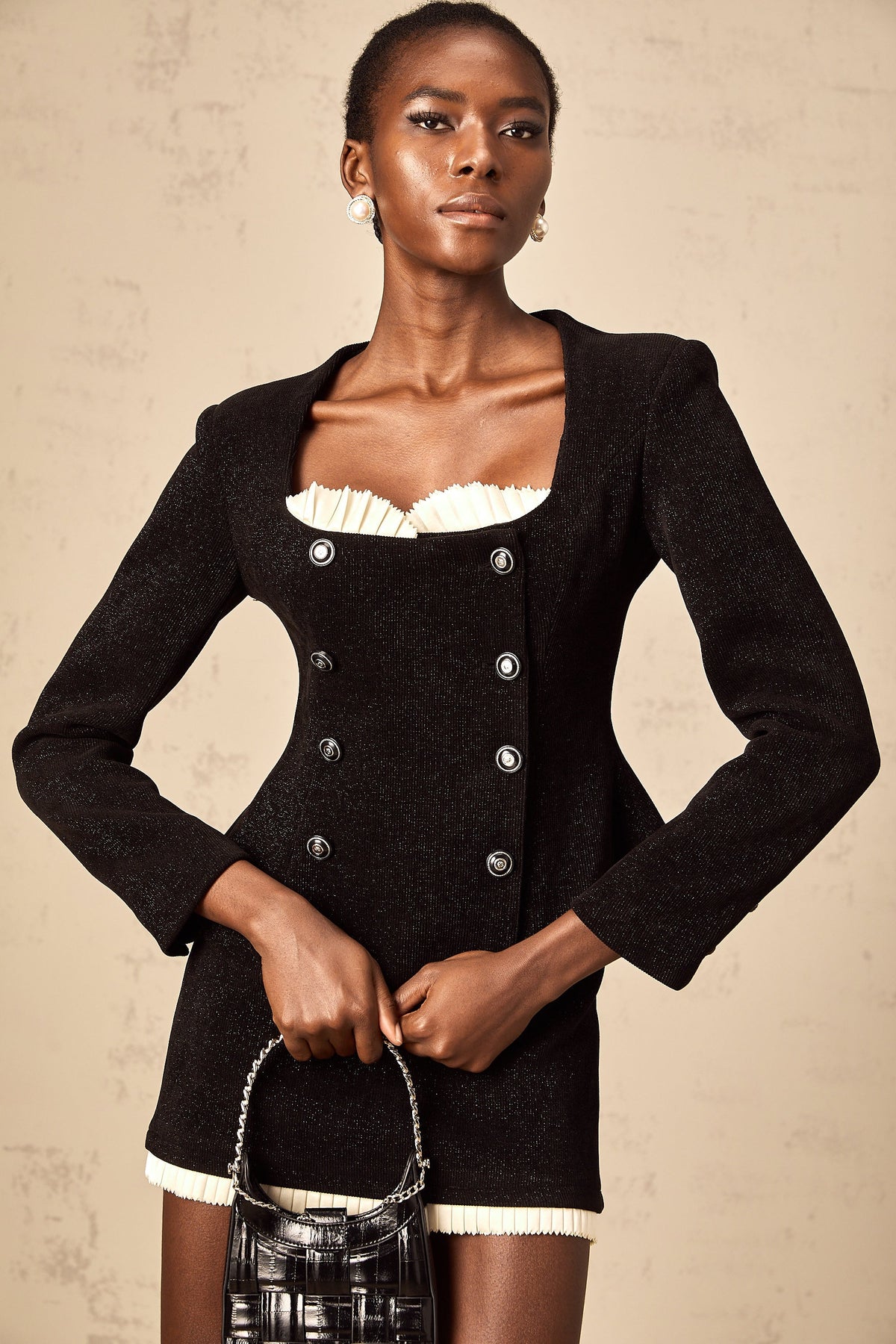 Hilaire black corduroy panelled top & skirt matching set (Final Sale)