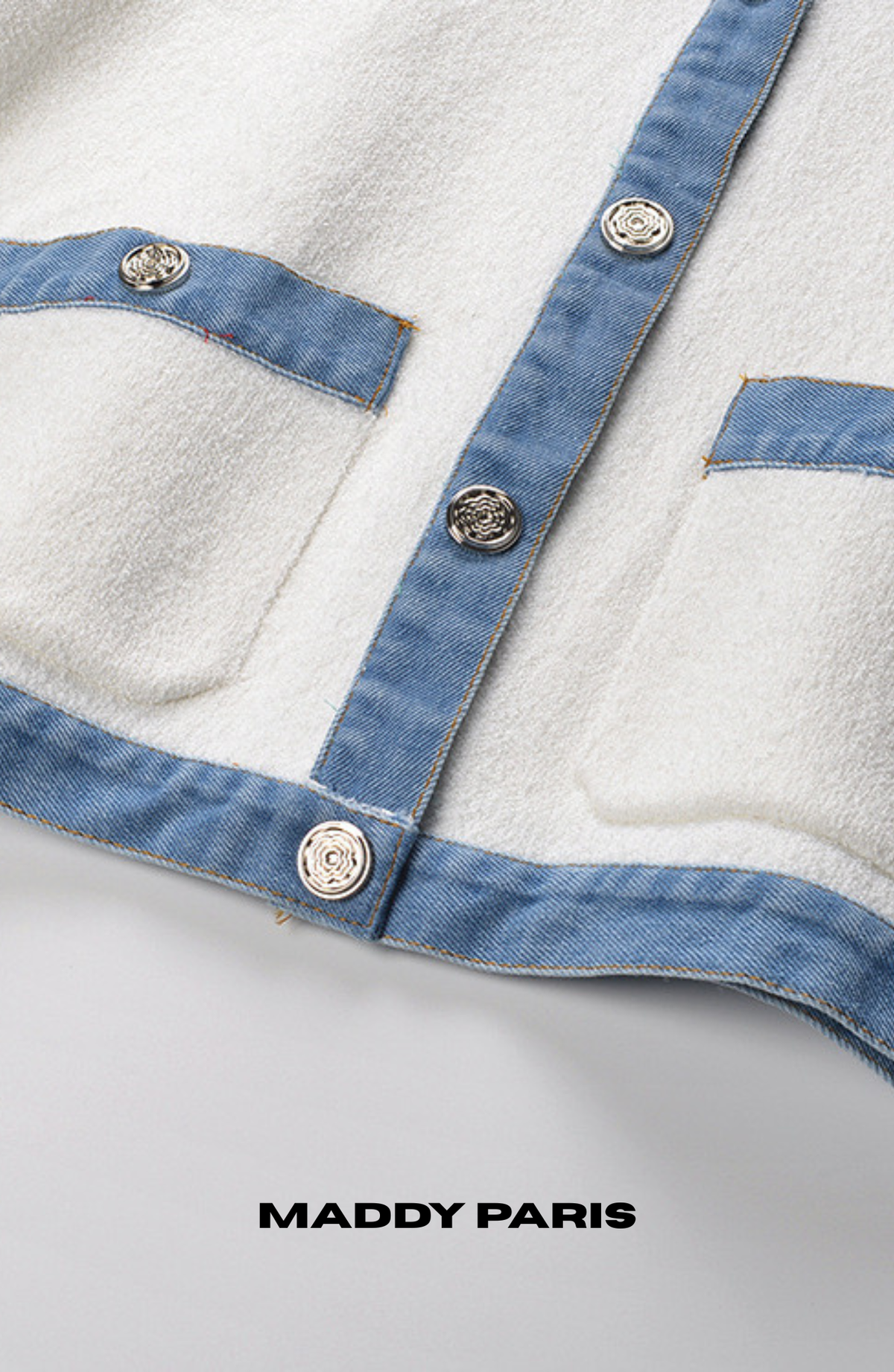 MADDY ELLIOT WHITE CREW-NECK TERRY DENIM-TRIM CARDIGAN TOP - WHITE