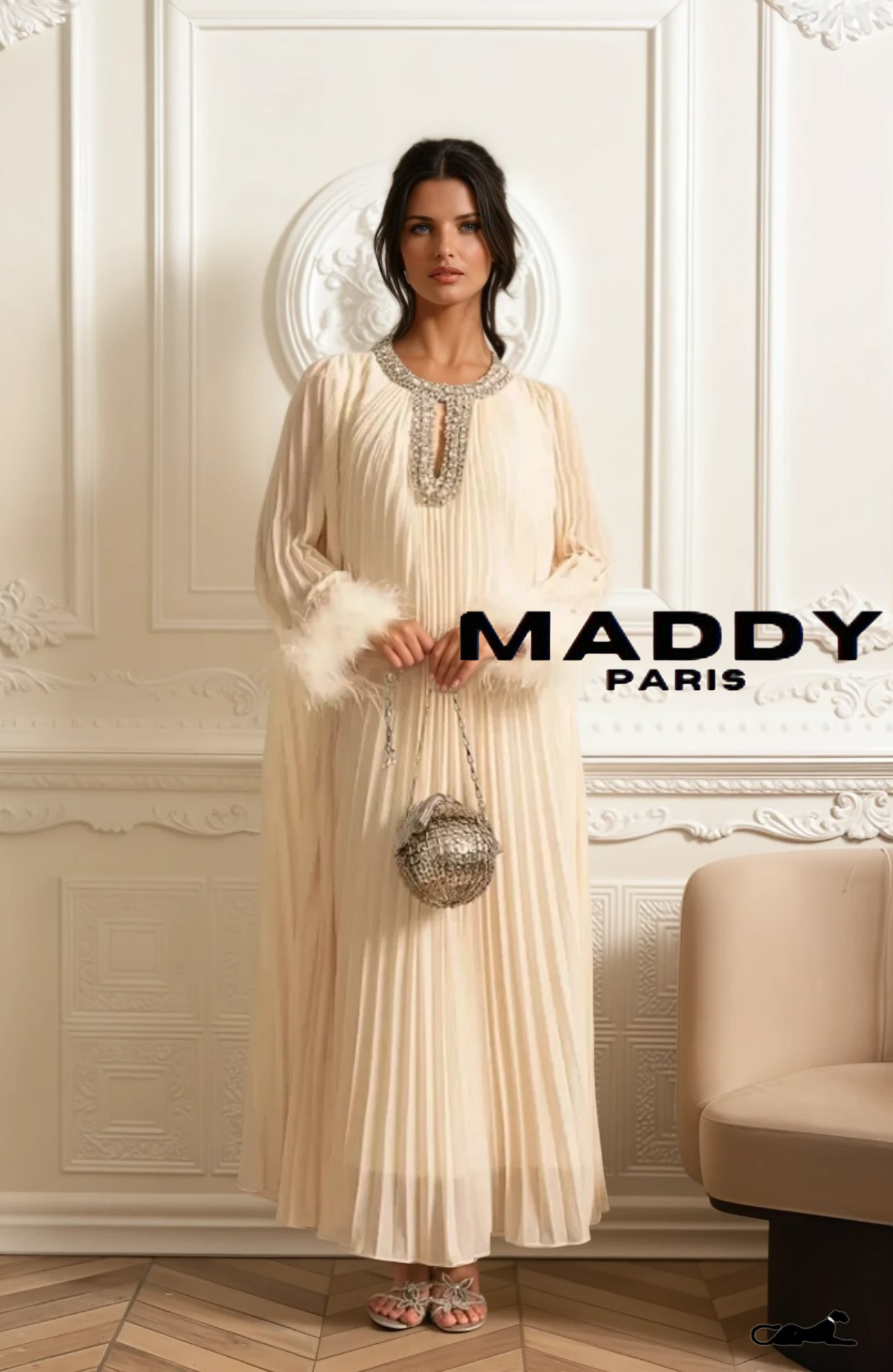 LAMISS Pleated  Maxi Dress With Feathered Cuffs And Sparkling Neckline - Ivoire