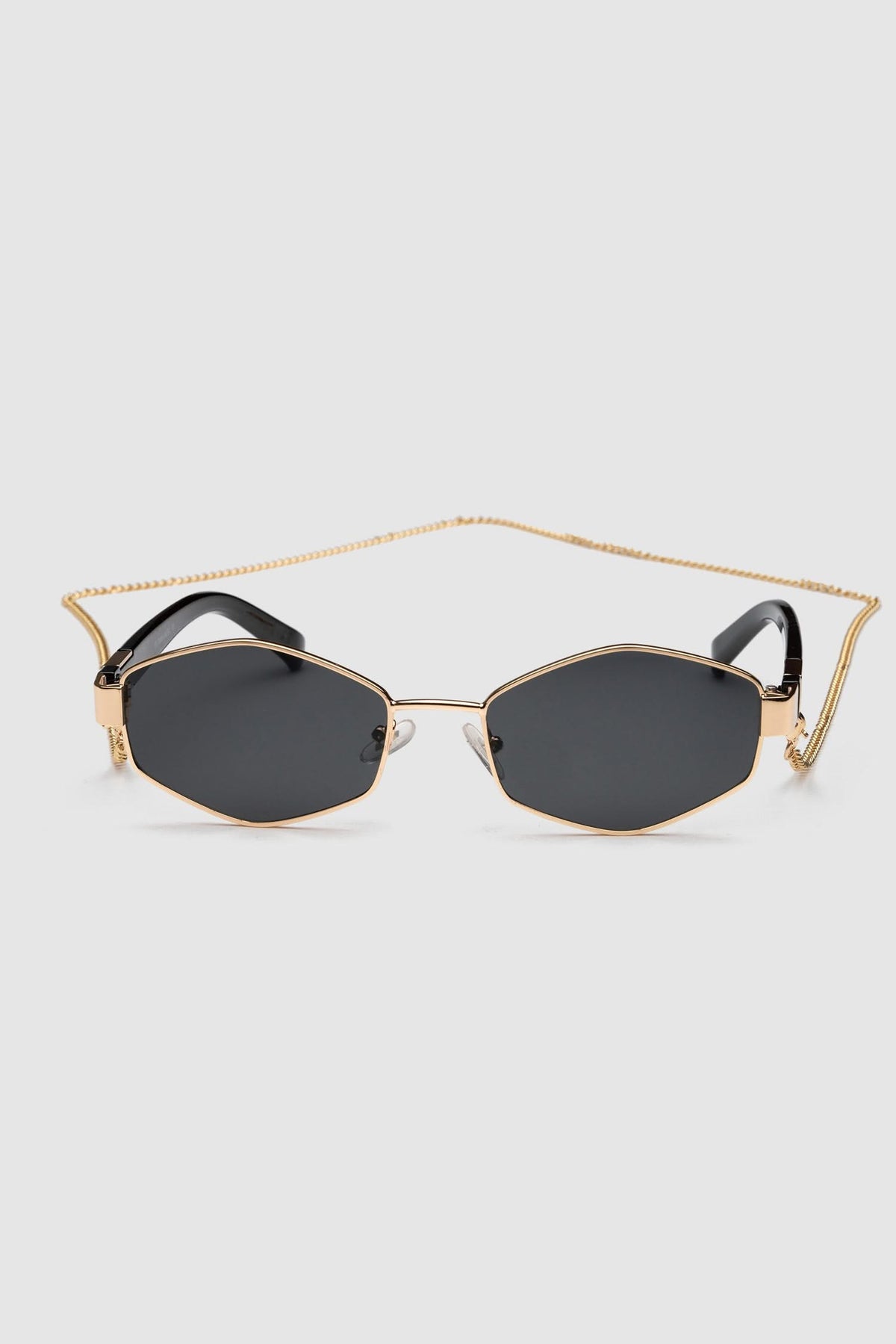 Hexagonal Sunglasses with Detachable Chain - Black