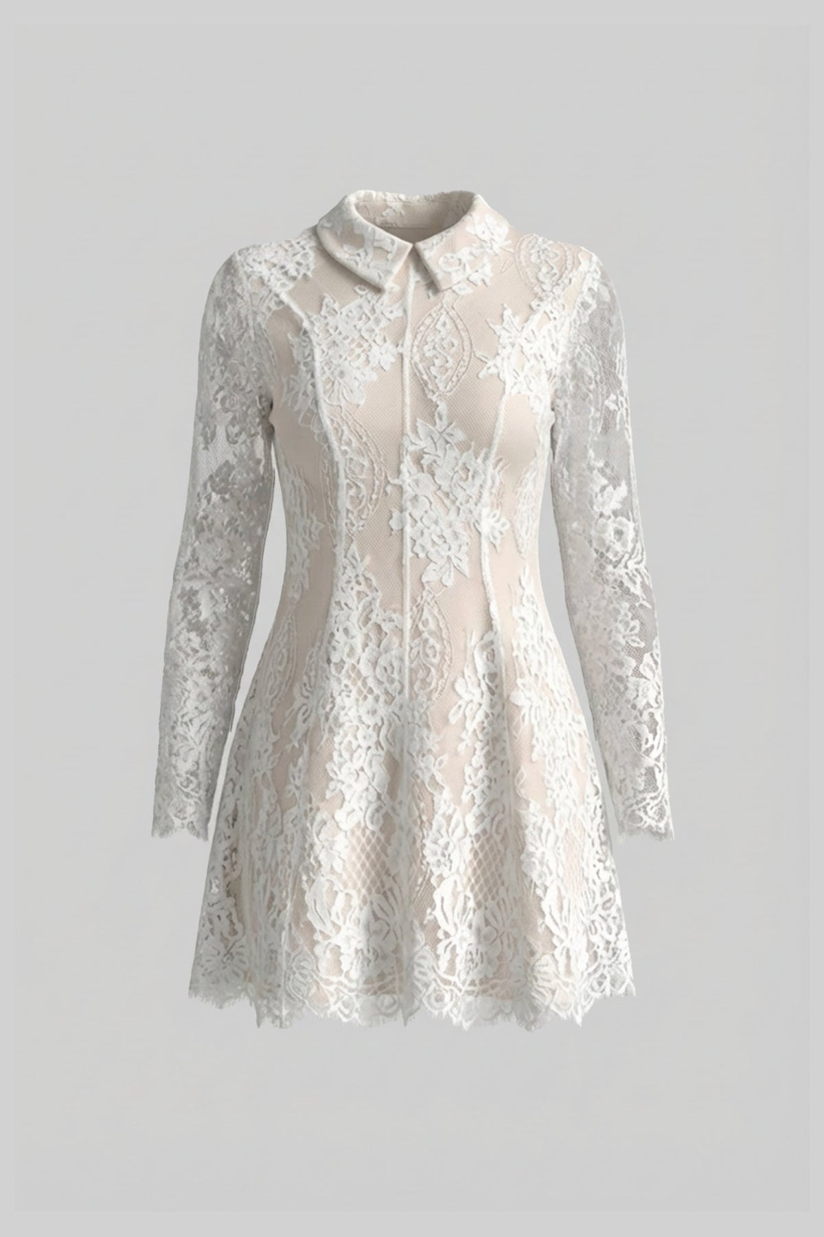Long Sleeve Lace Mini Dress With Collared Neckline With Sheer Overlay - Ivoire