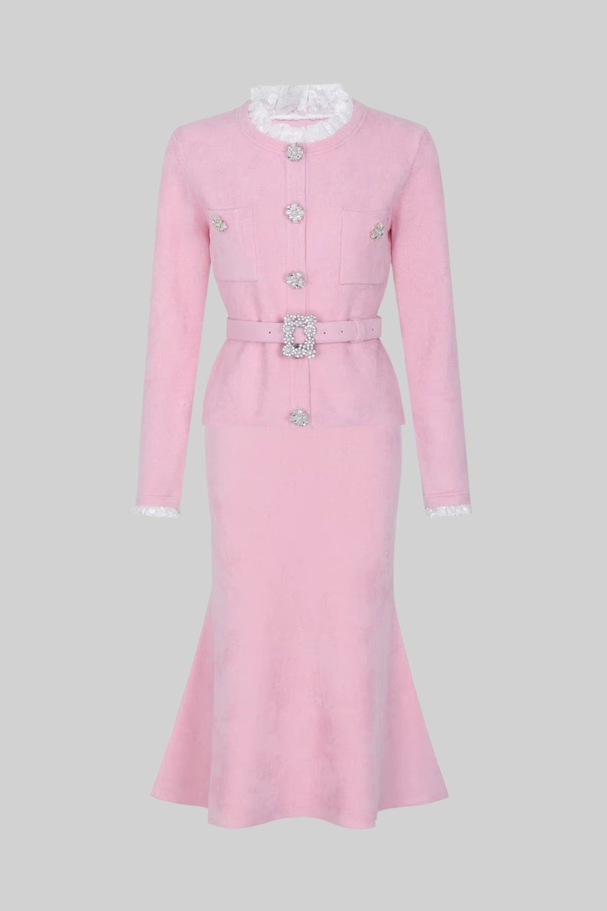 Fleur Blush Pink Long Sleeve Co-Ord With Fitted Knit Bodice And Crystal Button Detail