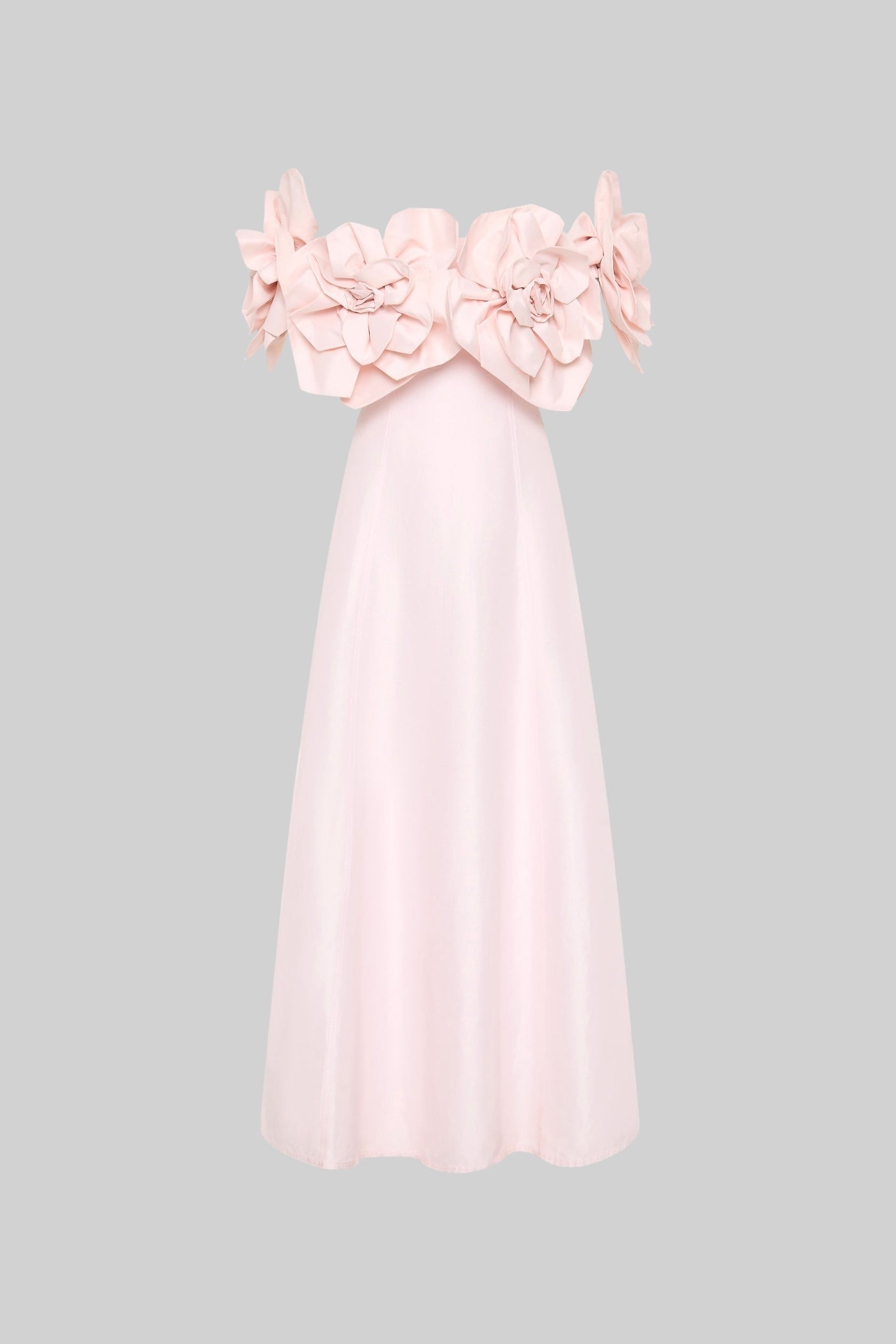 Off-Shoulder Midi Dress With Large Fabric Floral Accents - Pink