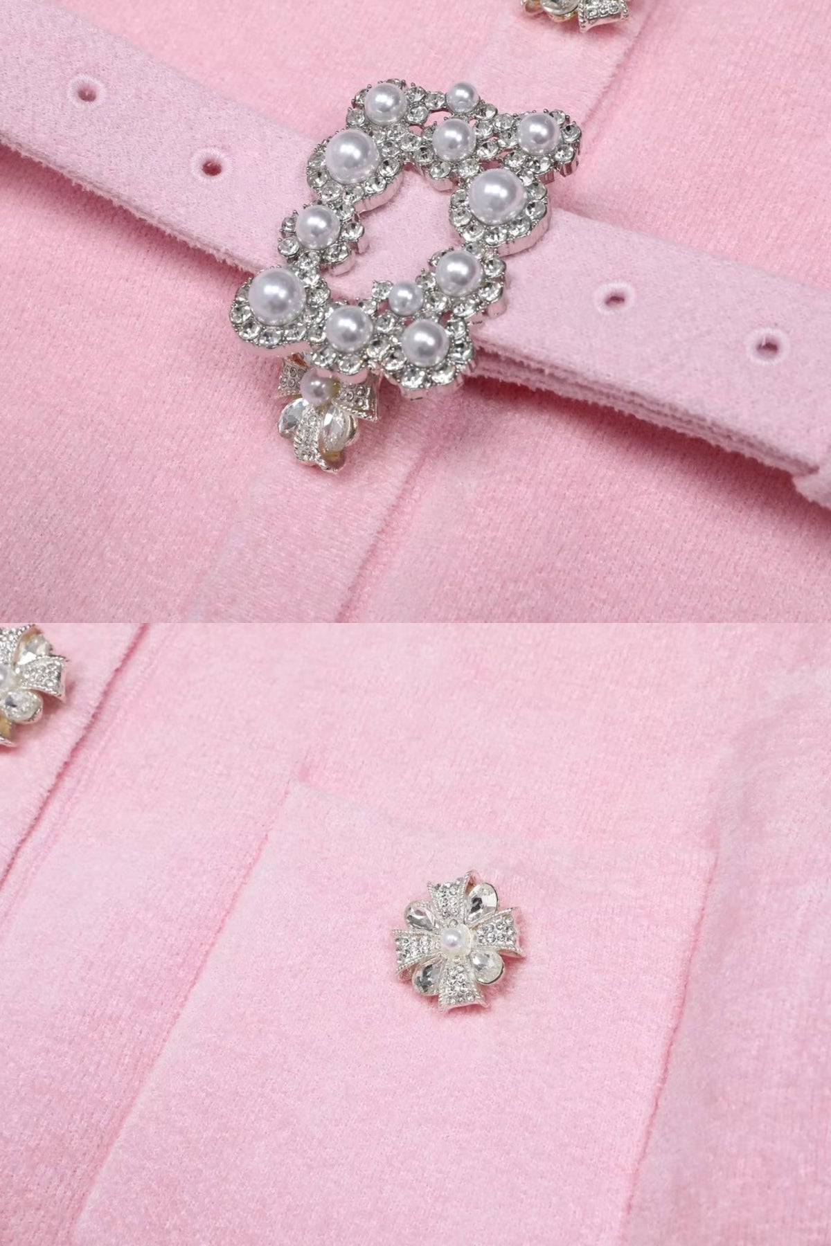 Fleur Blush Pink Long Sleeve Co-Ord With Fitted Knit Bodice And Crystal Button Detail