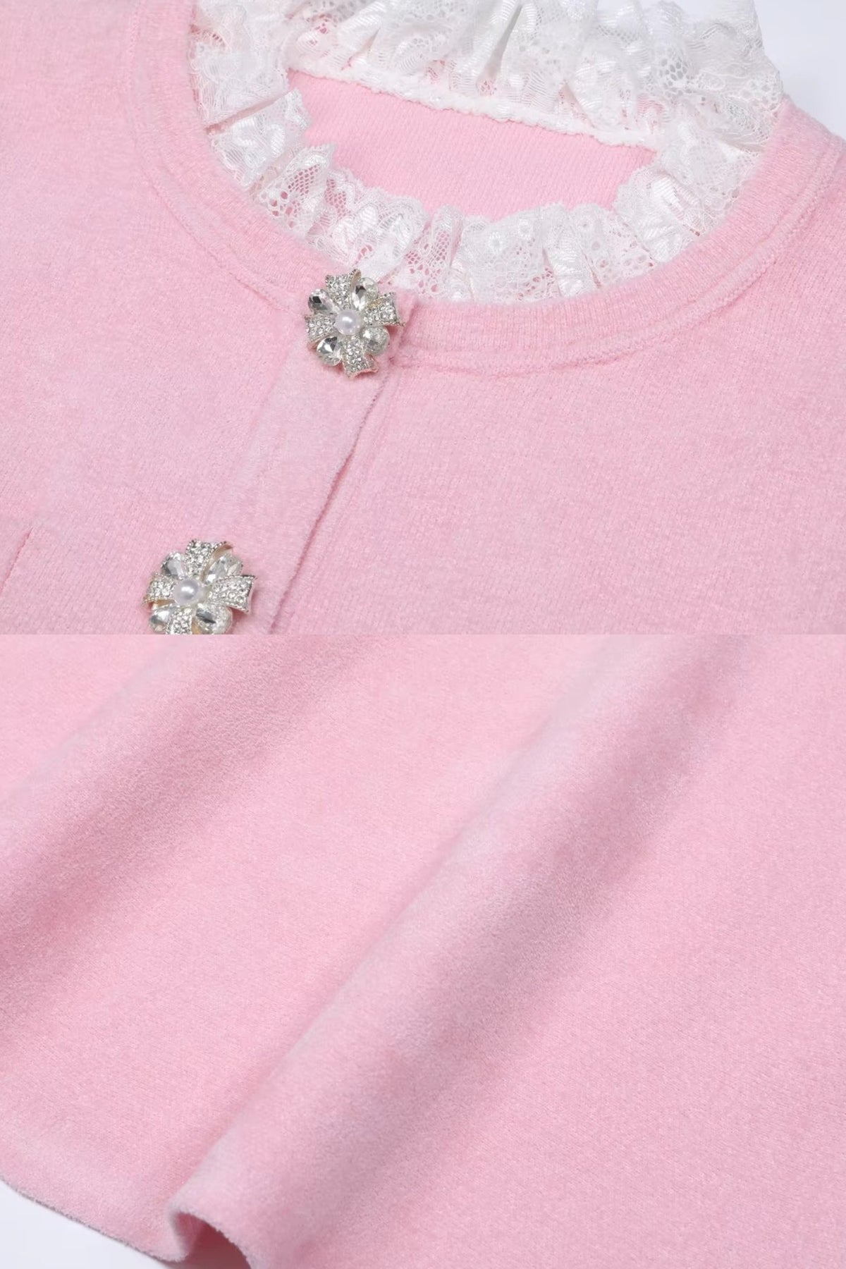 Fleur Blush Pink Long Sleeve Co-Ord With Fitted Knit Bodice And Crystal Button Detail