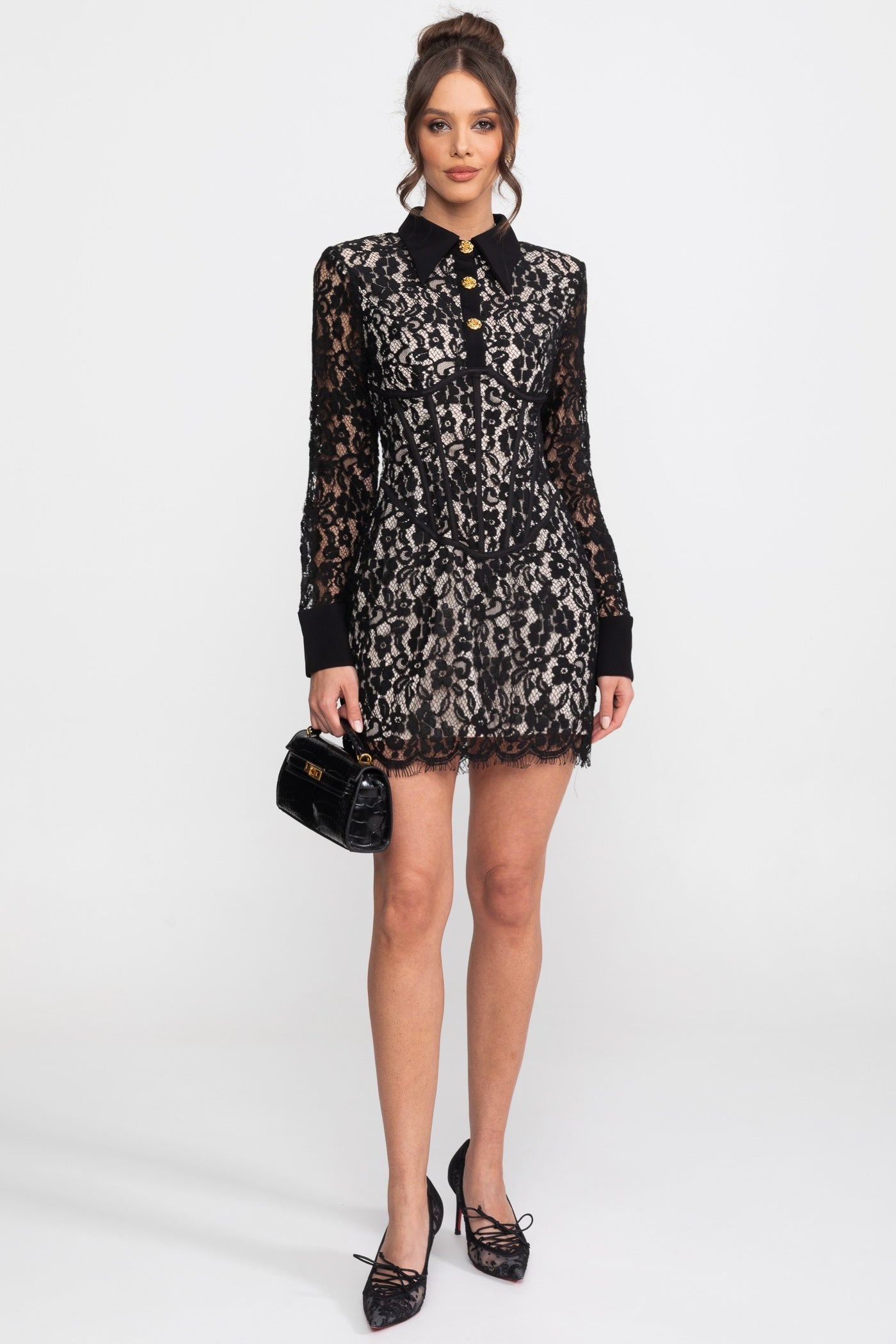 Long Sleeved Lace Mini Dress With Scallop Hem - Black