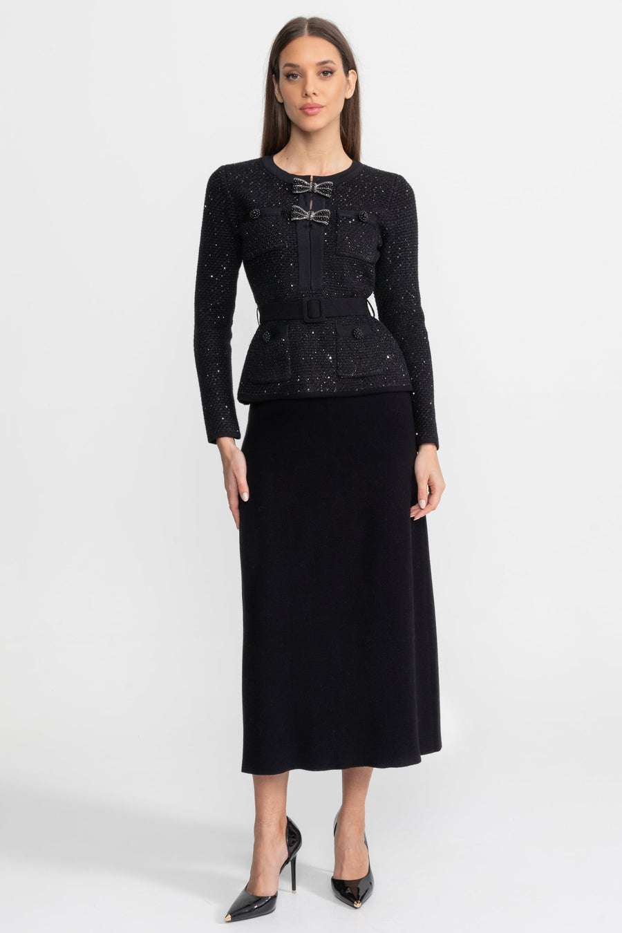 Calista Black Embellished Tweed Co-Ord Set with Bow Closures And Midi Skirt