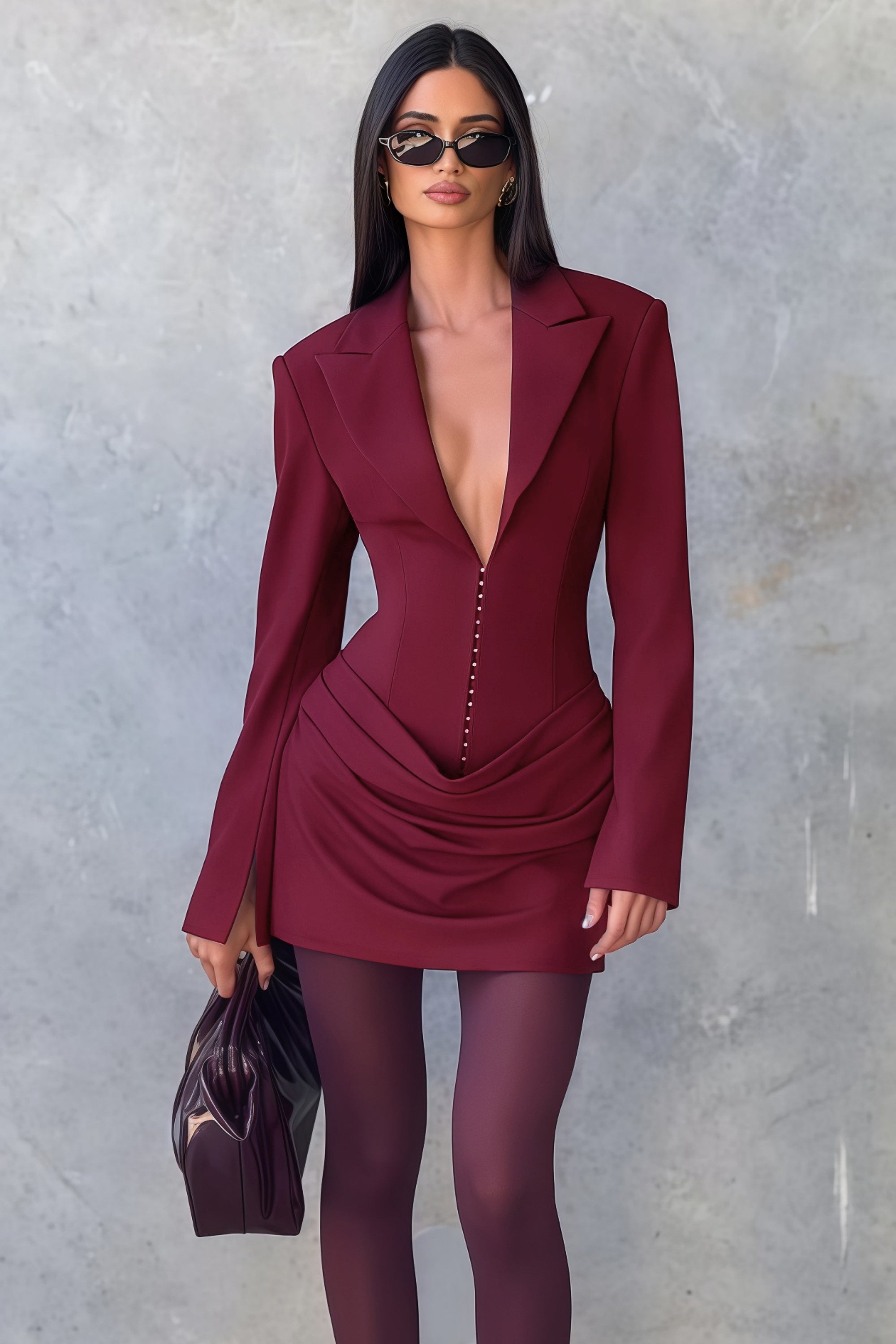 Rosette Burgundy Ruched Blazer Mini Dress (Final Sale)