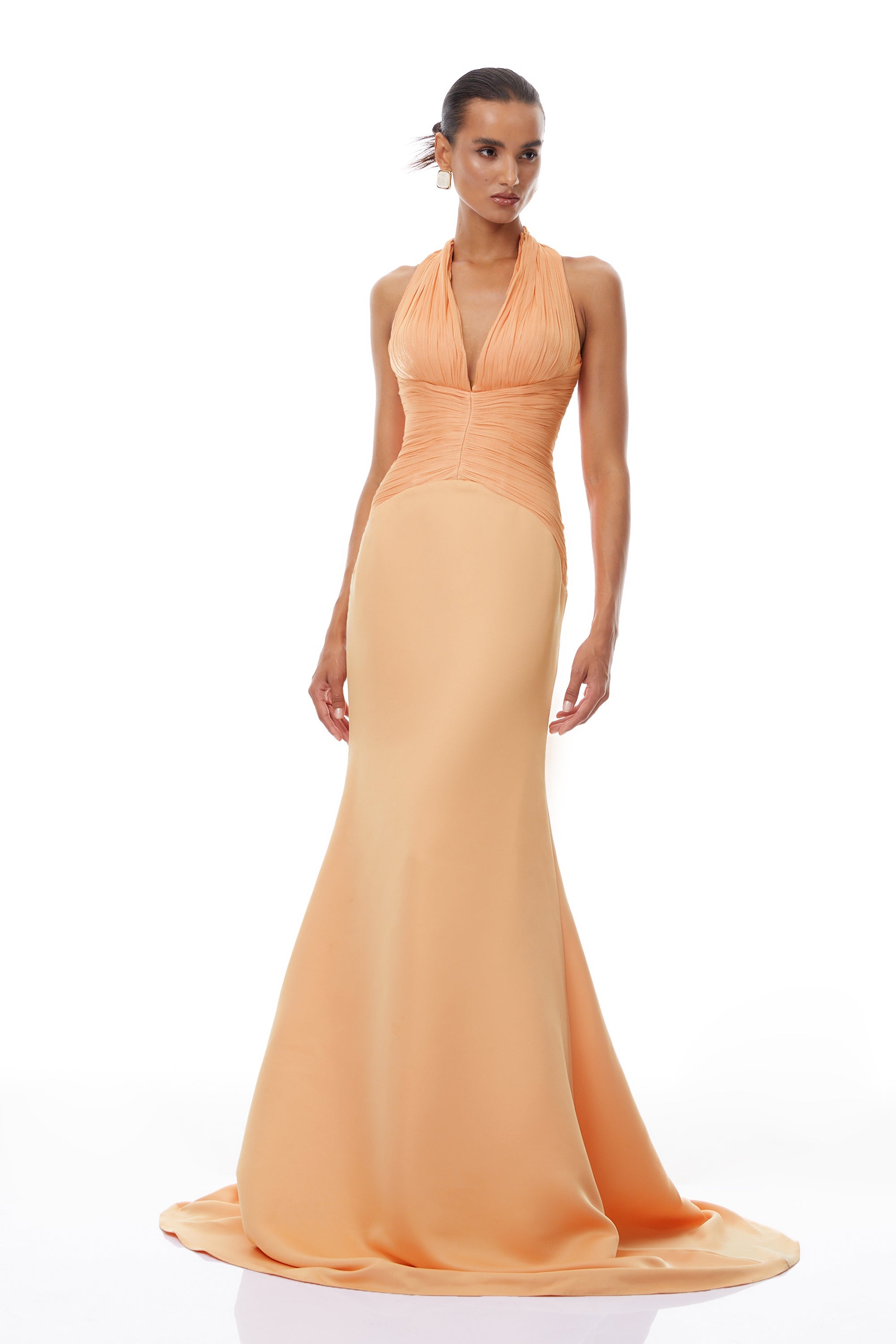 Emmeline Orange Train Design Gathered Maxi Dress