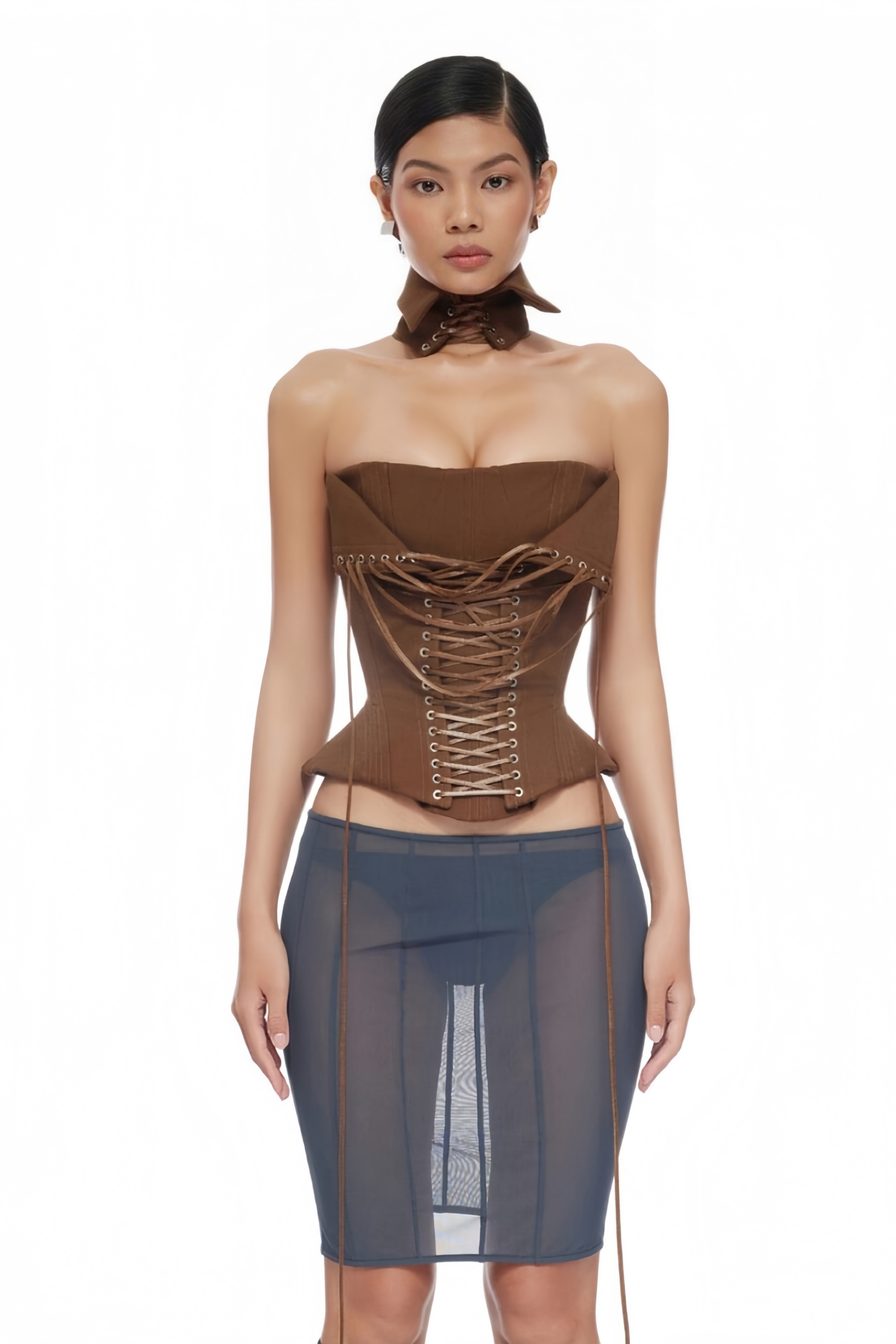 Indre Brown Lace Up Corset Crop Top