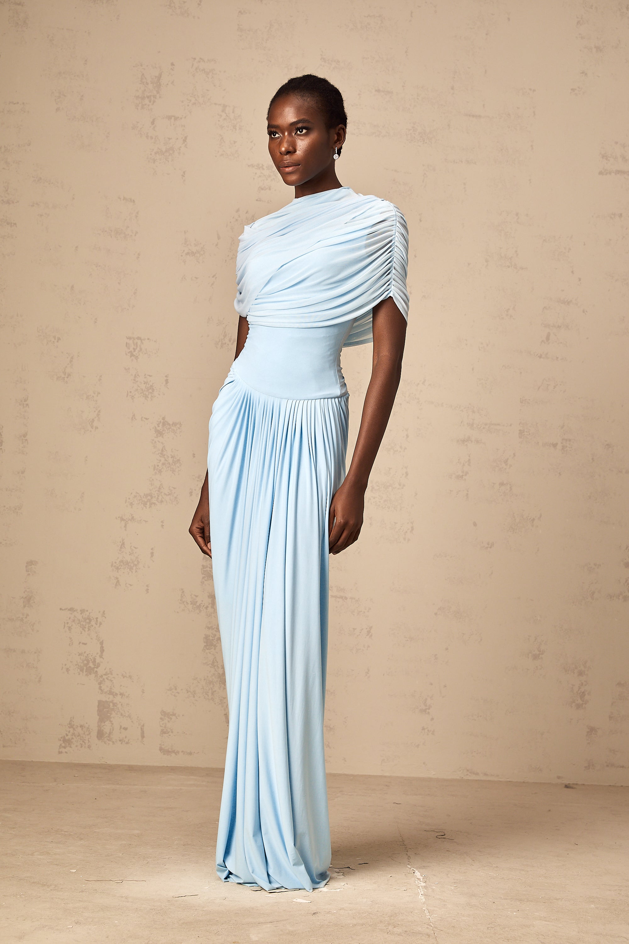 Catherine asymmetrical pleated maxi dress in Baby-blue