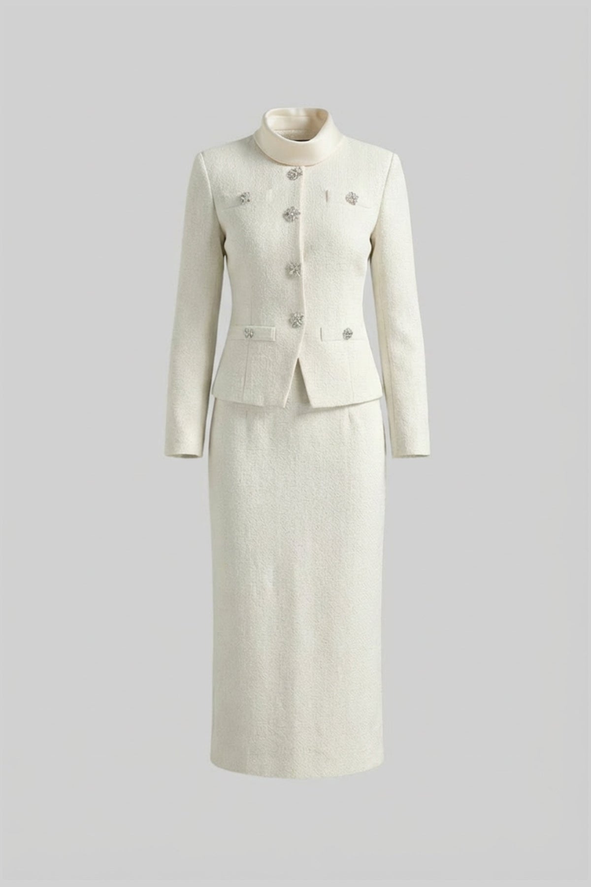 Textured Co-Ord Set With High Neck Jacket And Crystal Button Detail - White