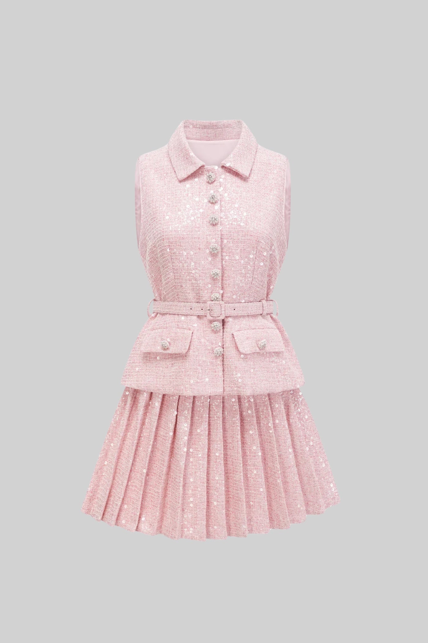 Sleeveless Textured Mini Dress With Pleated Skirt And Waistbelt - Pink