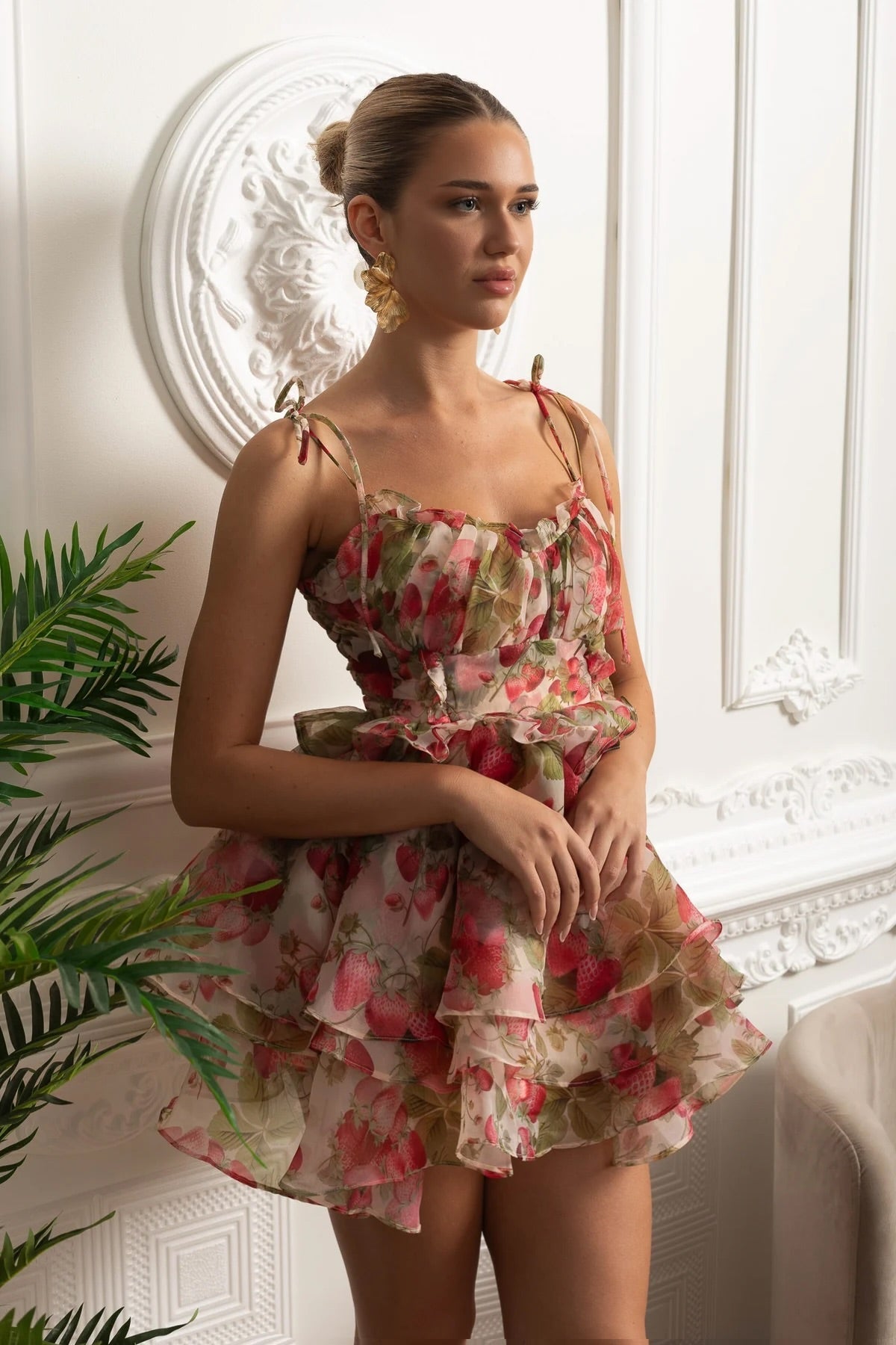 Printed Ruffled Mini Dress with Corset Back - Strawberry