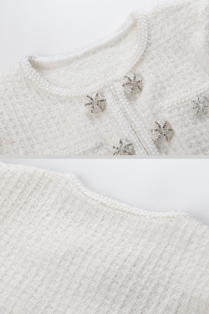 Florentine White Long Sleeve Knee-Length Knitted Dress