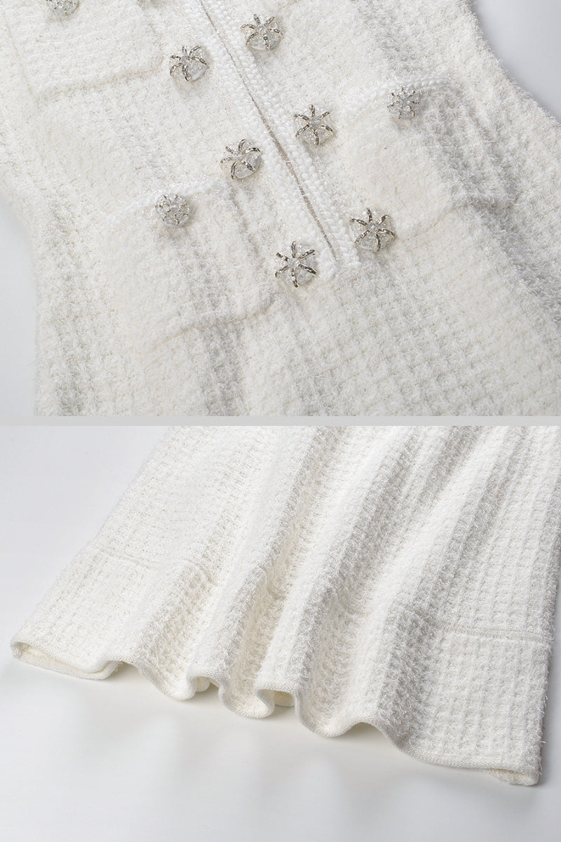 Florentine White Long Sleeve Knee-Length Knitted Dress