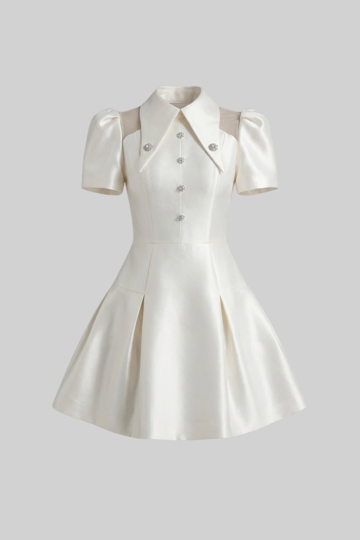 Puff Sleeve Mini Dress With Pointed Collar And Crystal Button Front - Ivoire