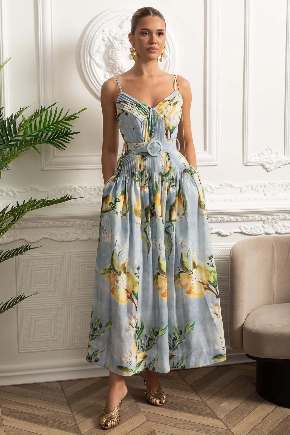 Pleated Bust Belted Midi Dress with Spaghetti Straps - Sky Blue