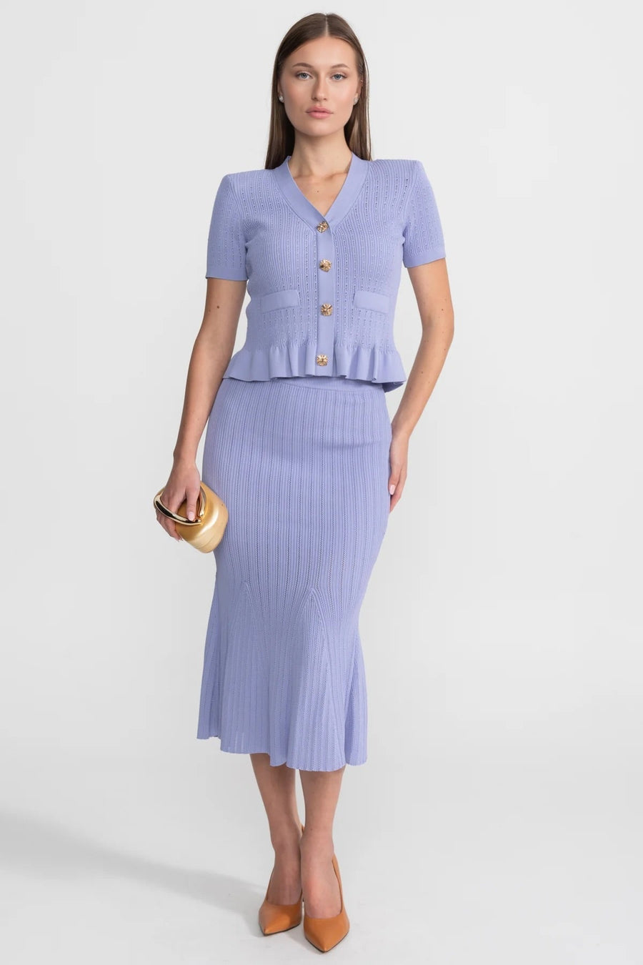 Eloise Lilac Knit Midi Co-Ord with Peplum Waist and Gold Buttons