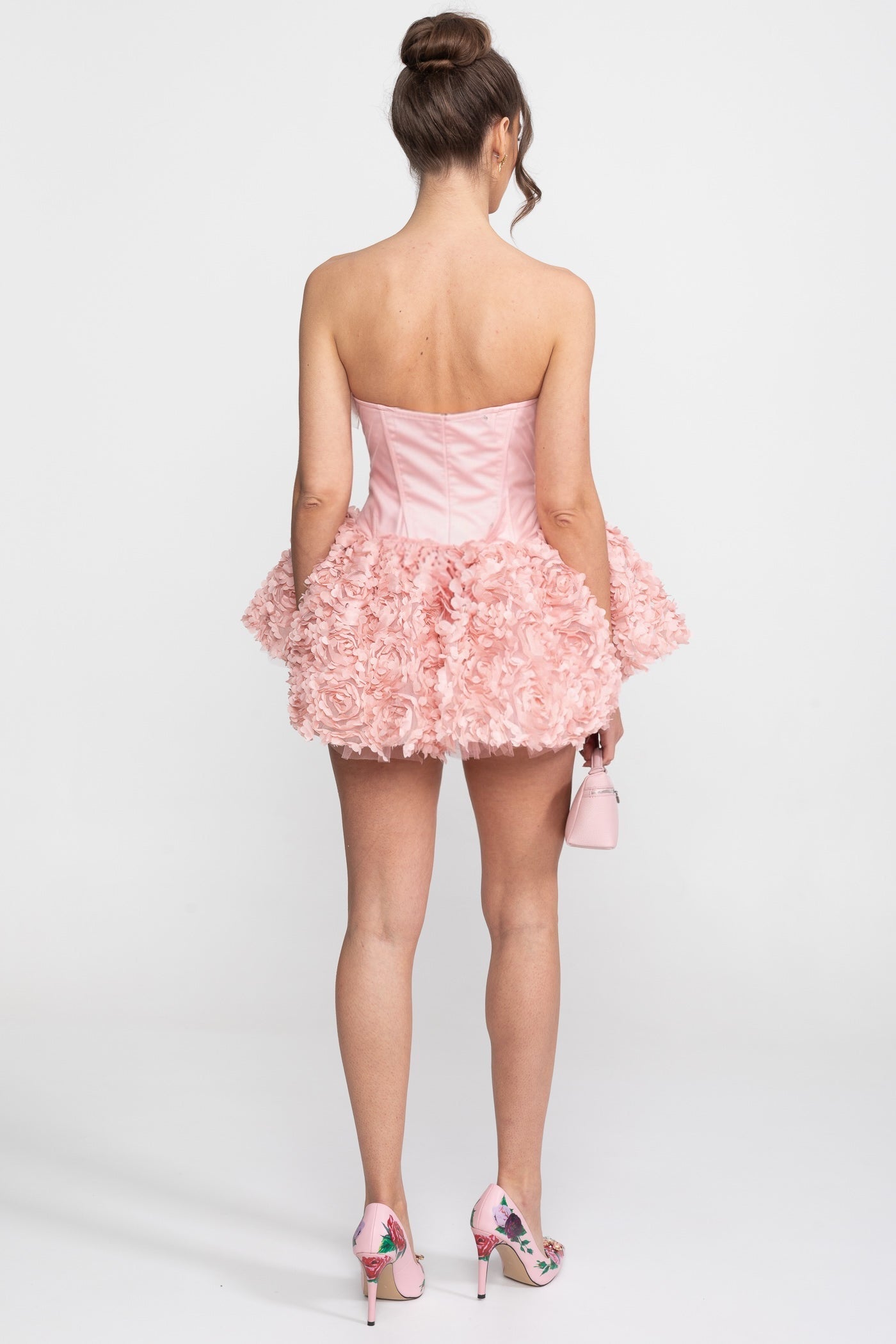Strapless Corset Mini Dress With 3D Rose Appliqué Skirt - Pink