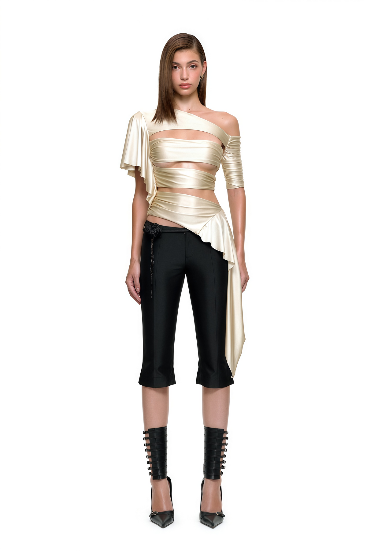 Iben Beige Asymmetrical Cut Out Satin Top