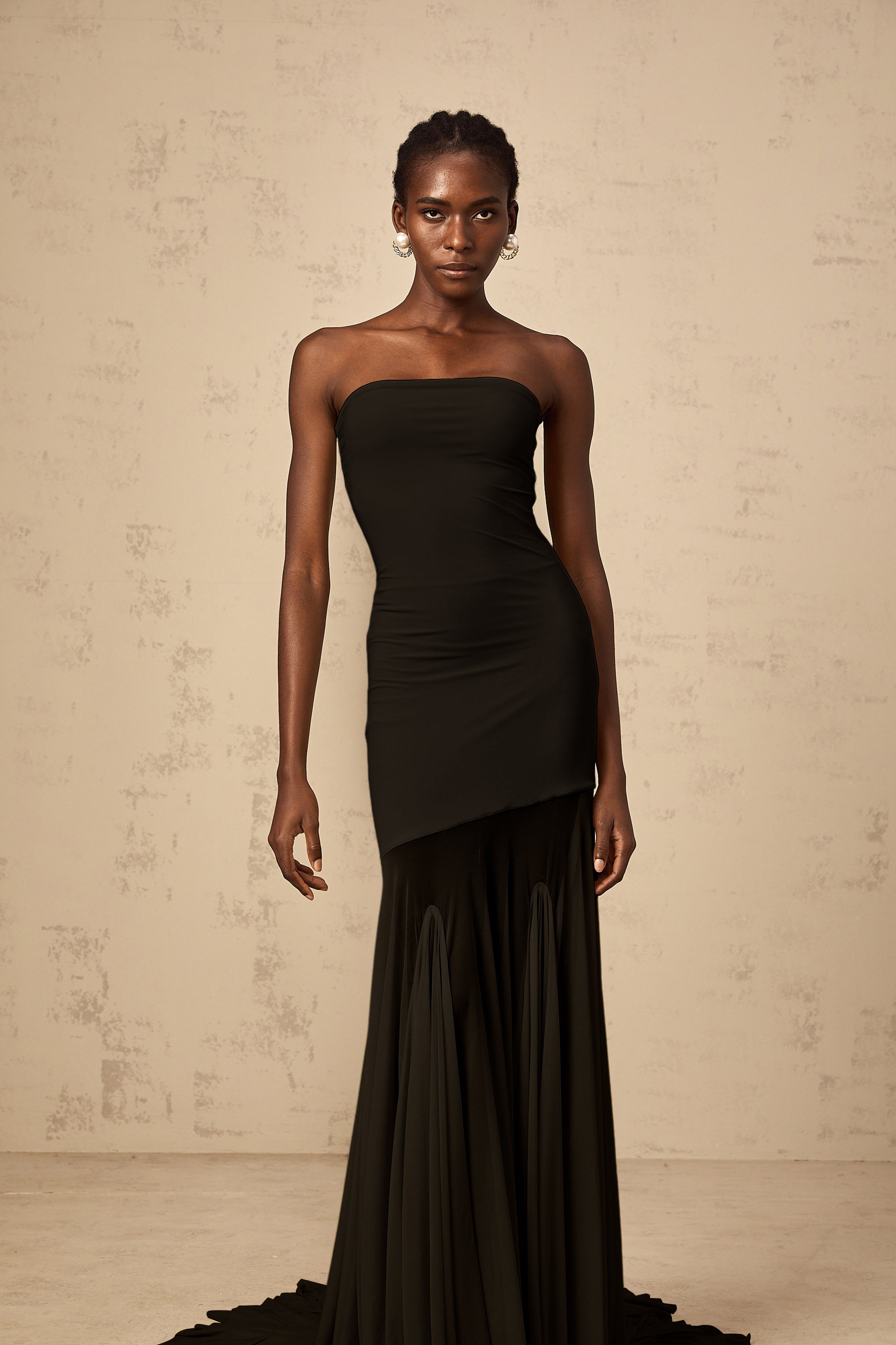 Josiane Black Off-shoulder Sheer Tulle Maxi Dress