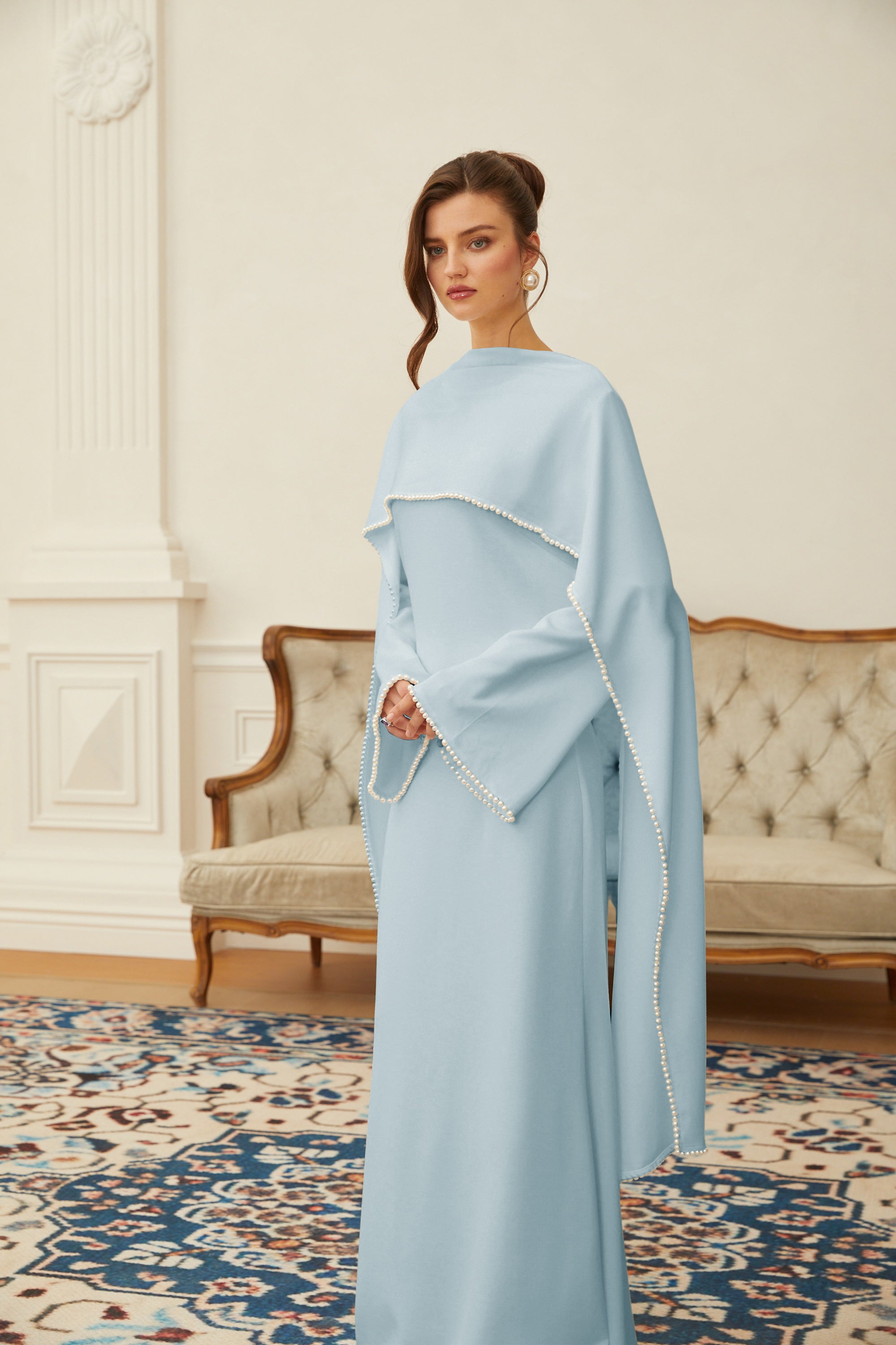 Piroska Blue Pearl Trim Shawl Detail Maxi Dress