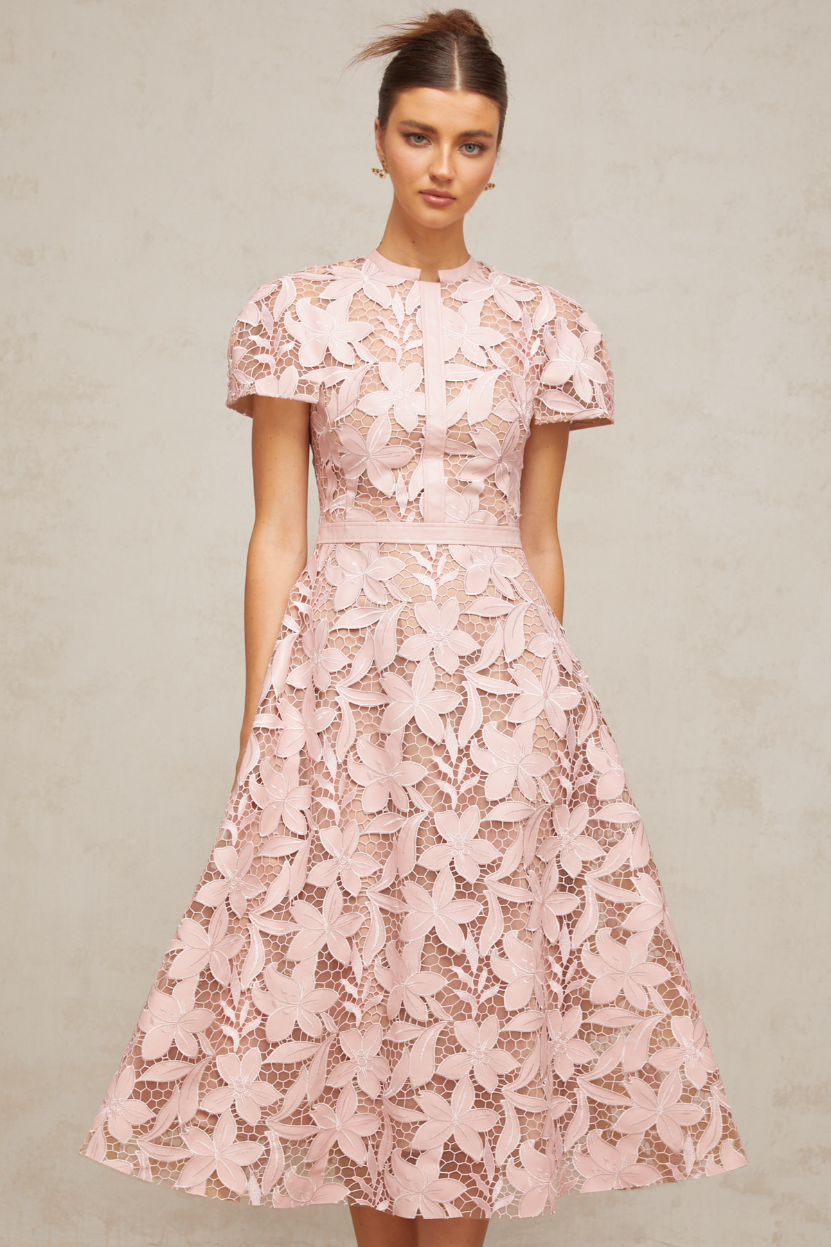 Vérane pink guipure-lace midi dress