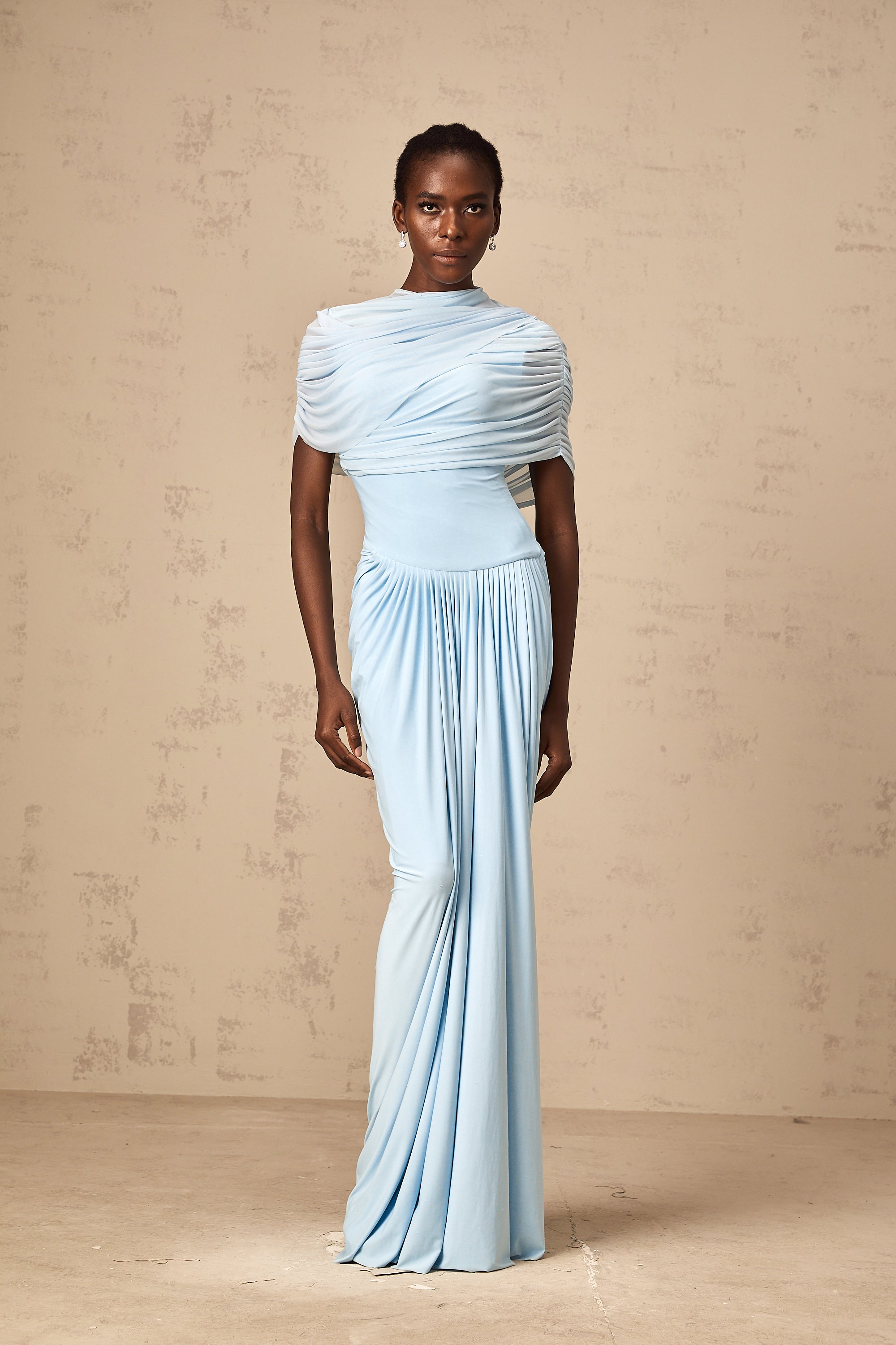 Catherine asymmetrical pleated maxi dress in Baby-blue