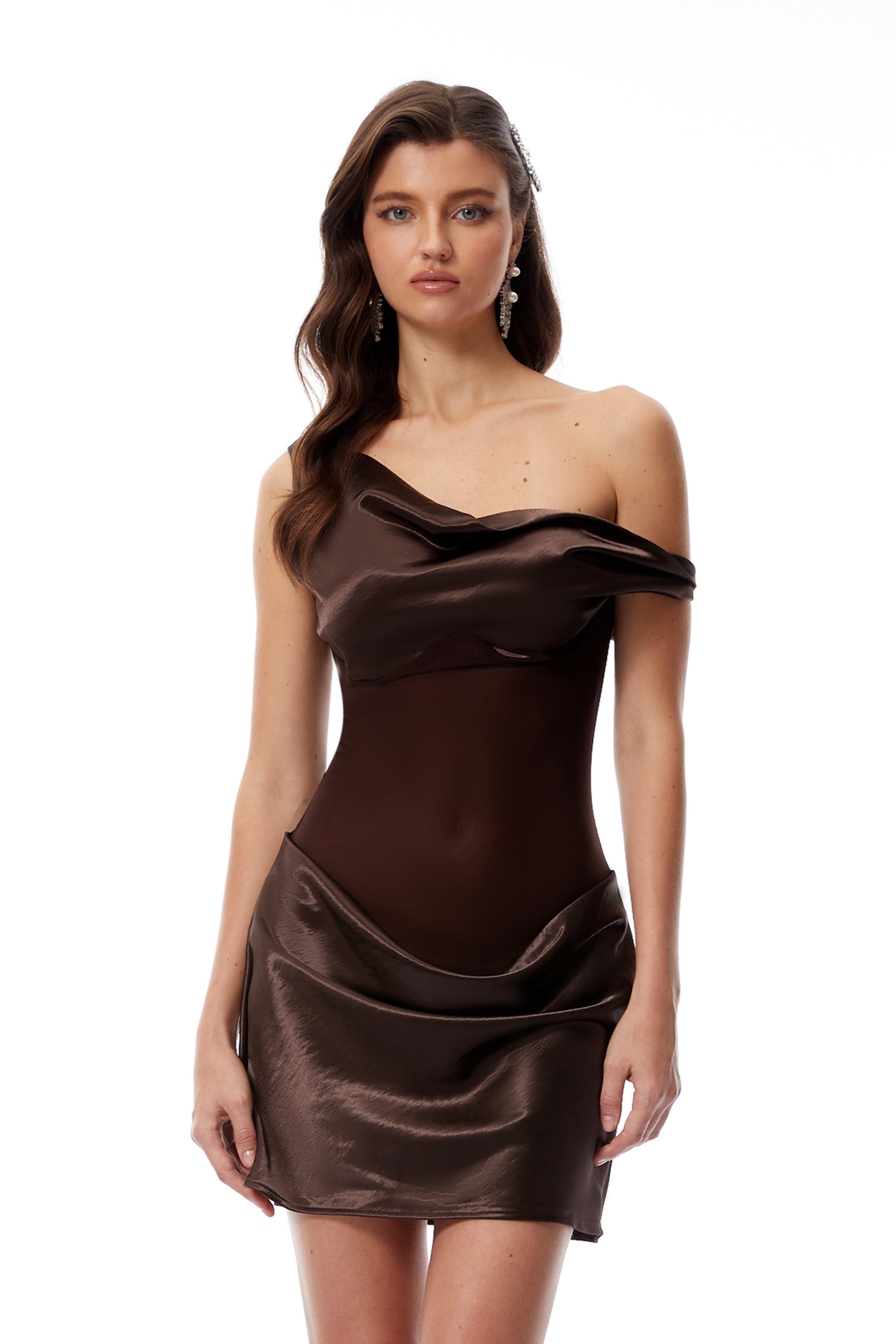 Pernilla Brown One Shoulder Satin Mini Dress (Final Sale)