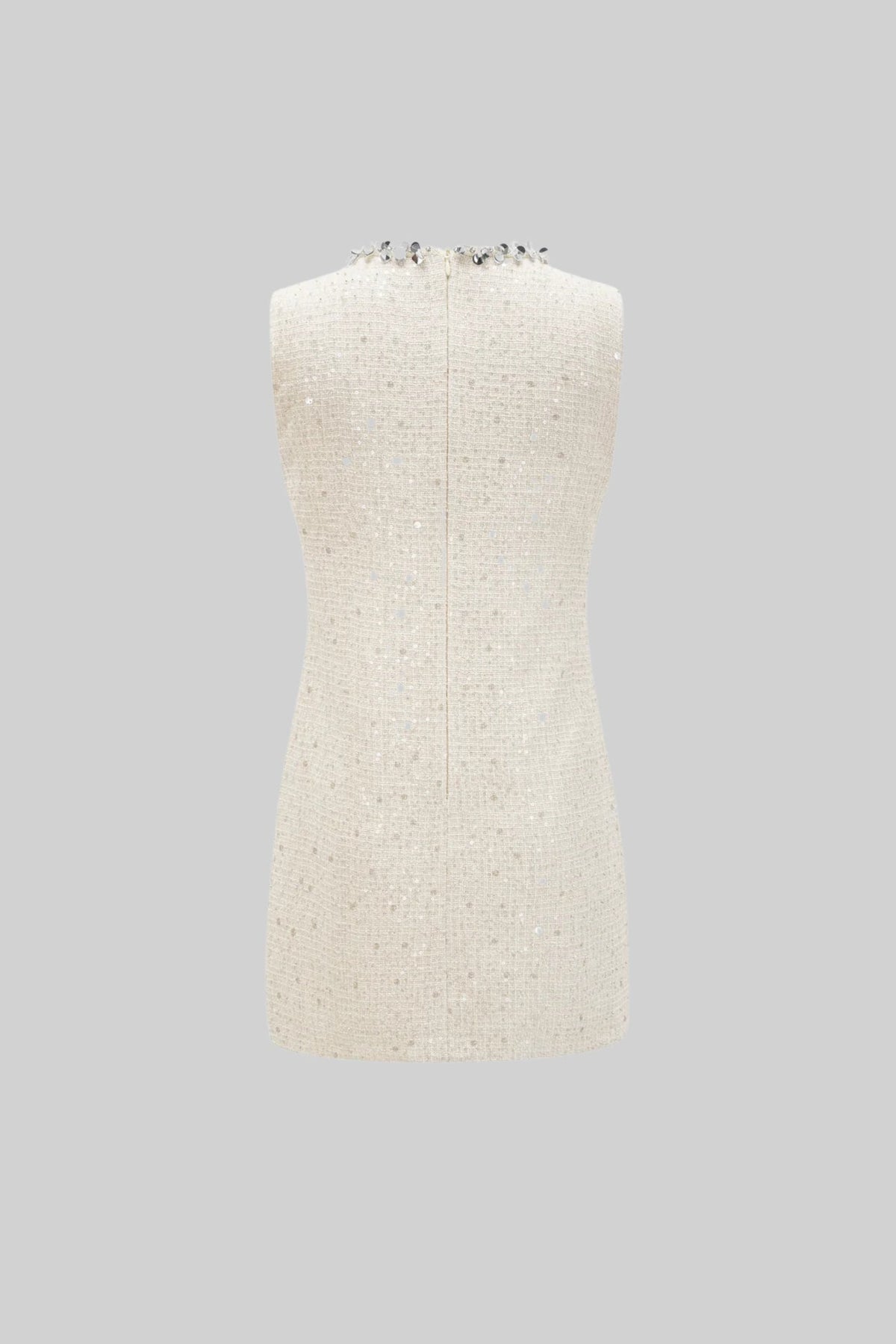 Textured Sleeveless Mini Dress With Sparkling Collar Details - Ivoire
