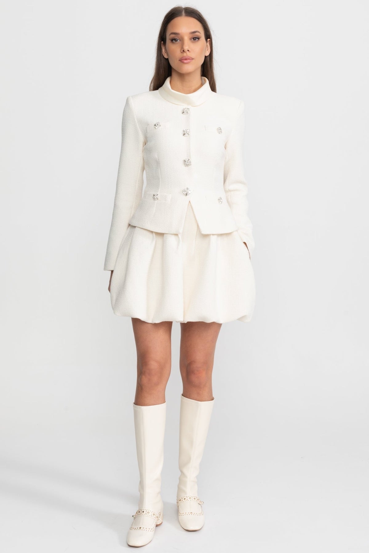 Textured Mini Dress with Crystal Button Embellishments – Ivoire