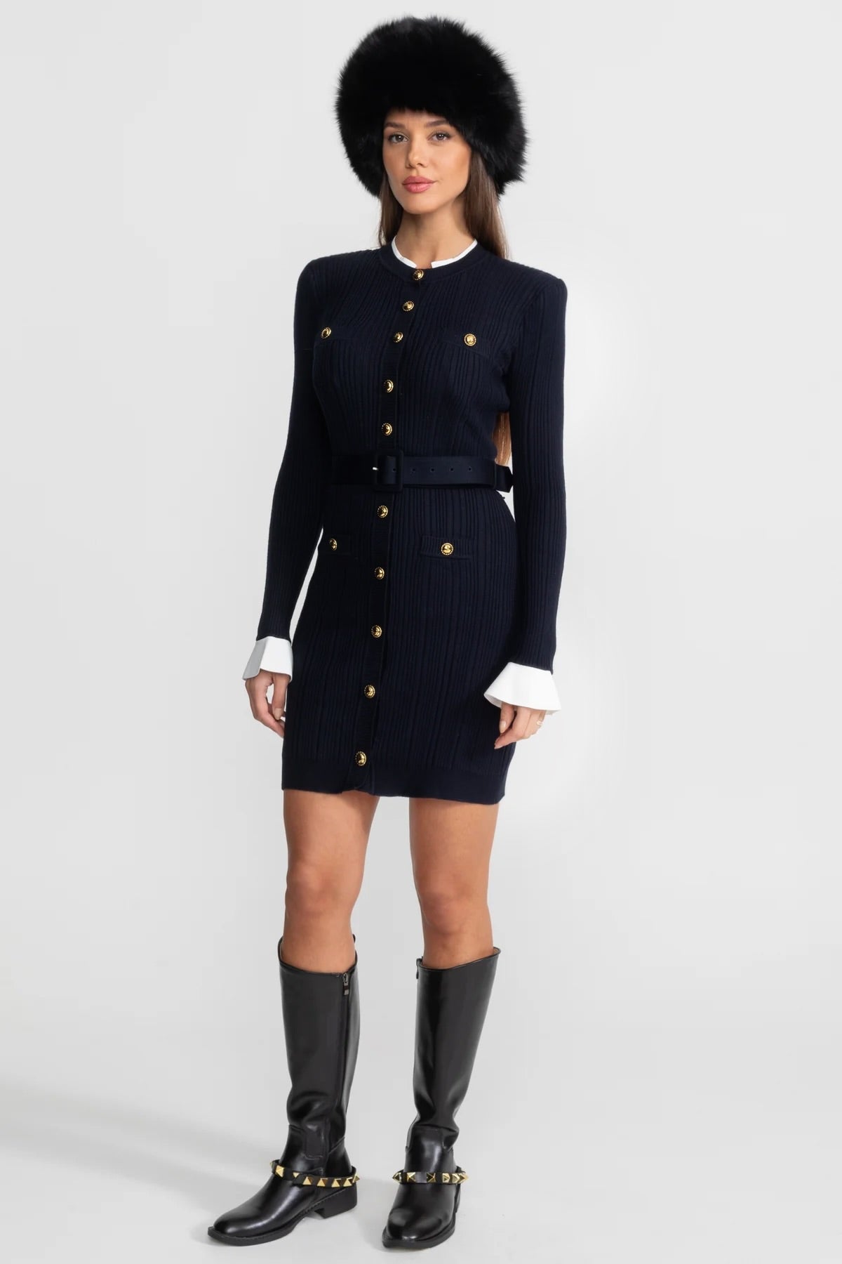 Philippine Dark Blue Ribbed Knit Mini Dress with Gold Button Fastening