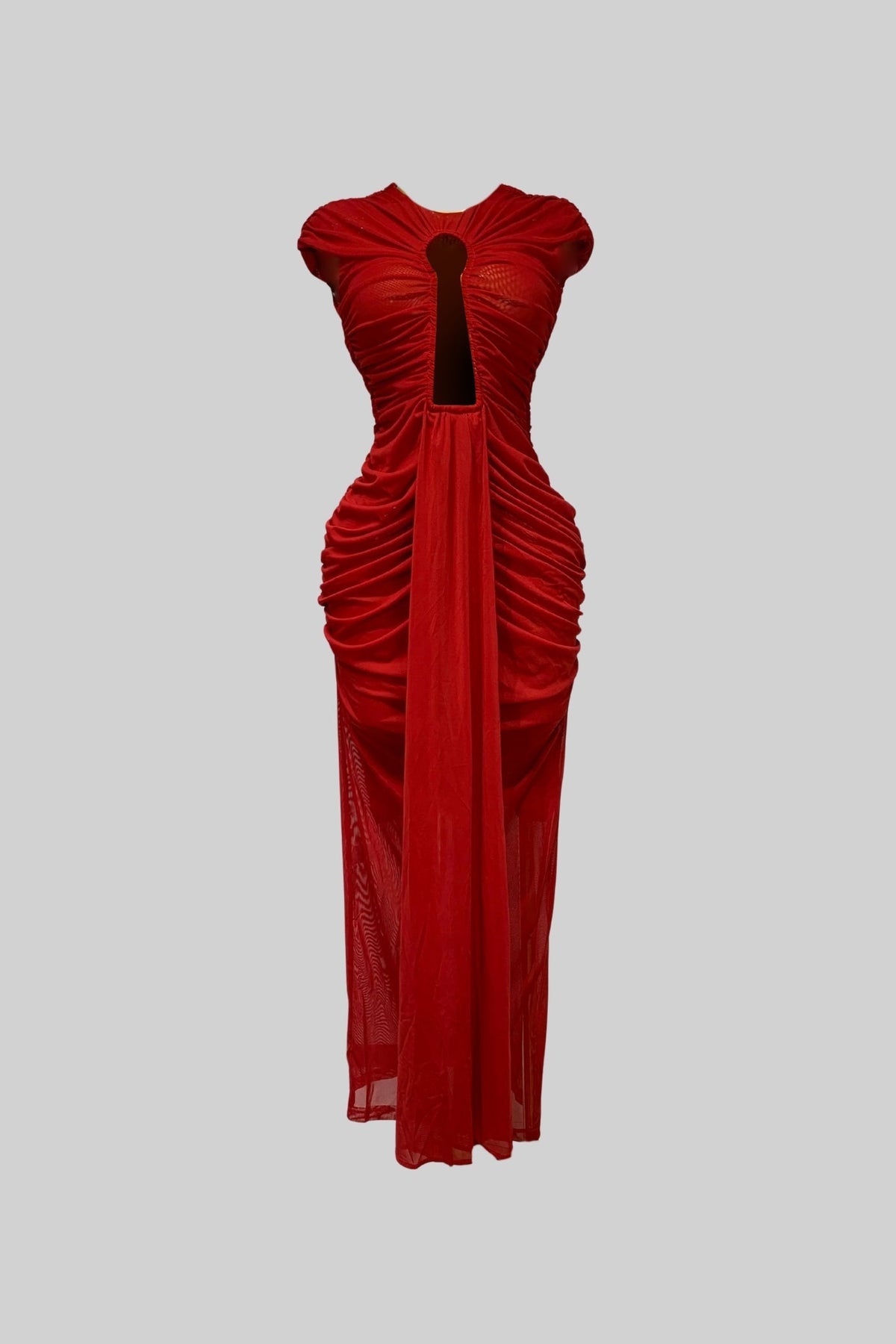 Draped Cut-Out Gown With Gathered Detailing – Red