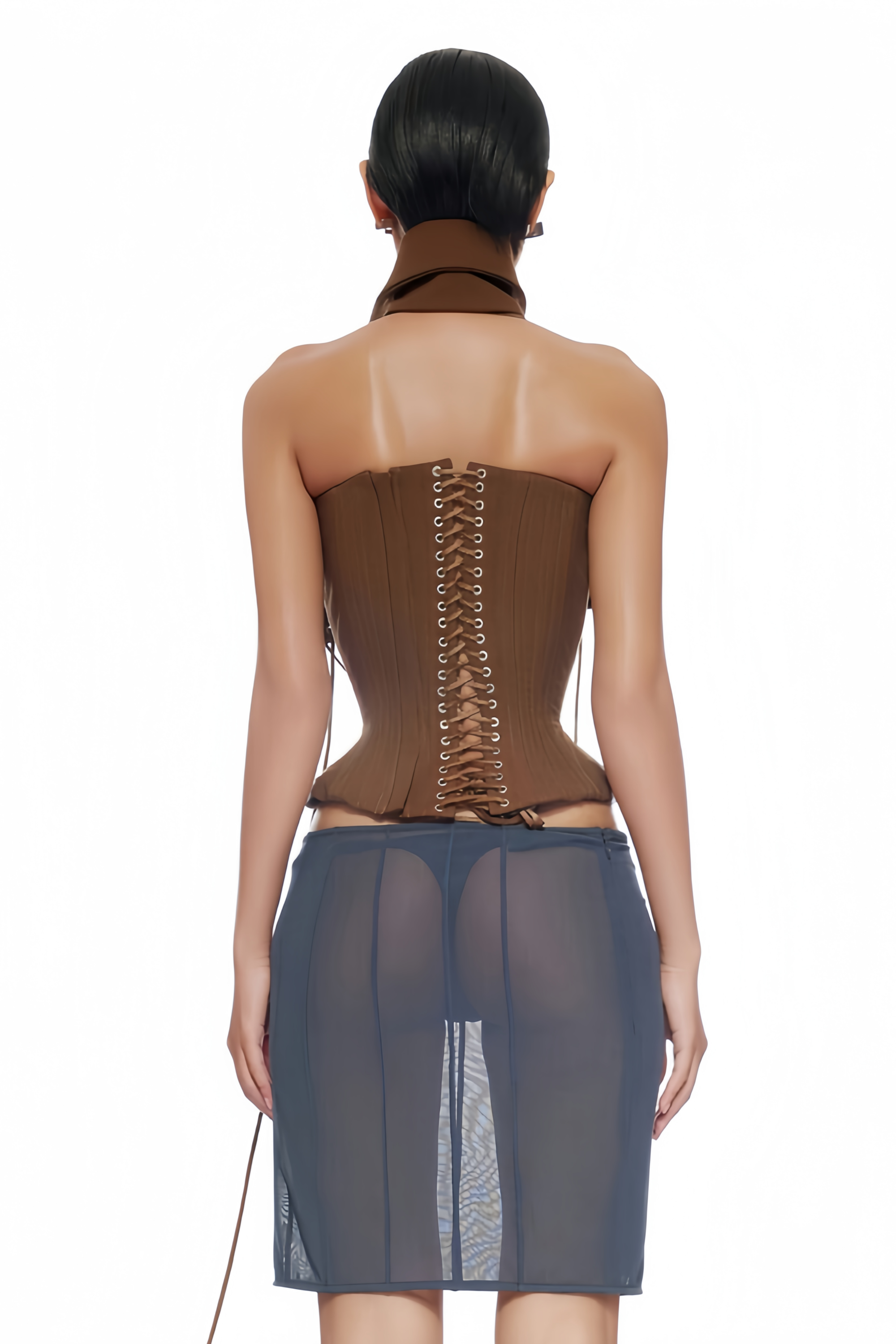 Indre Brown Lace Up Corset Crop Top