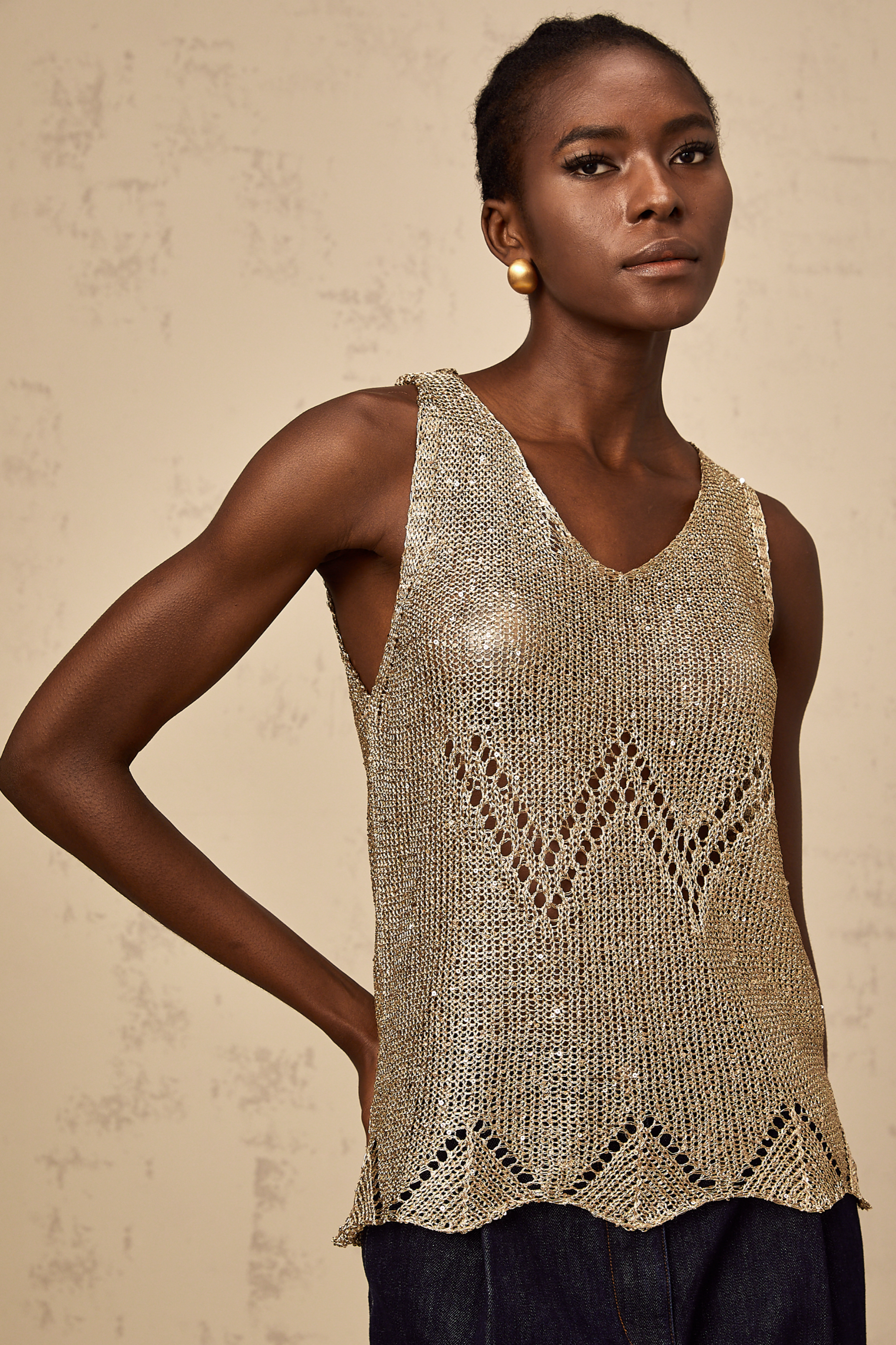 Cyrine gold sequined crochet vest top