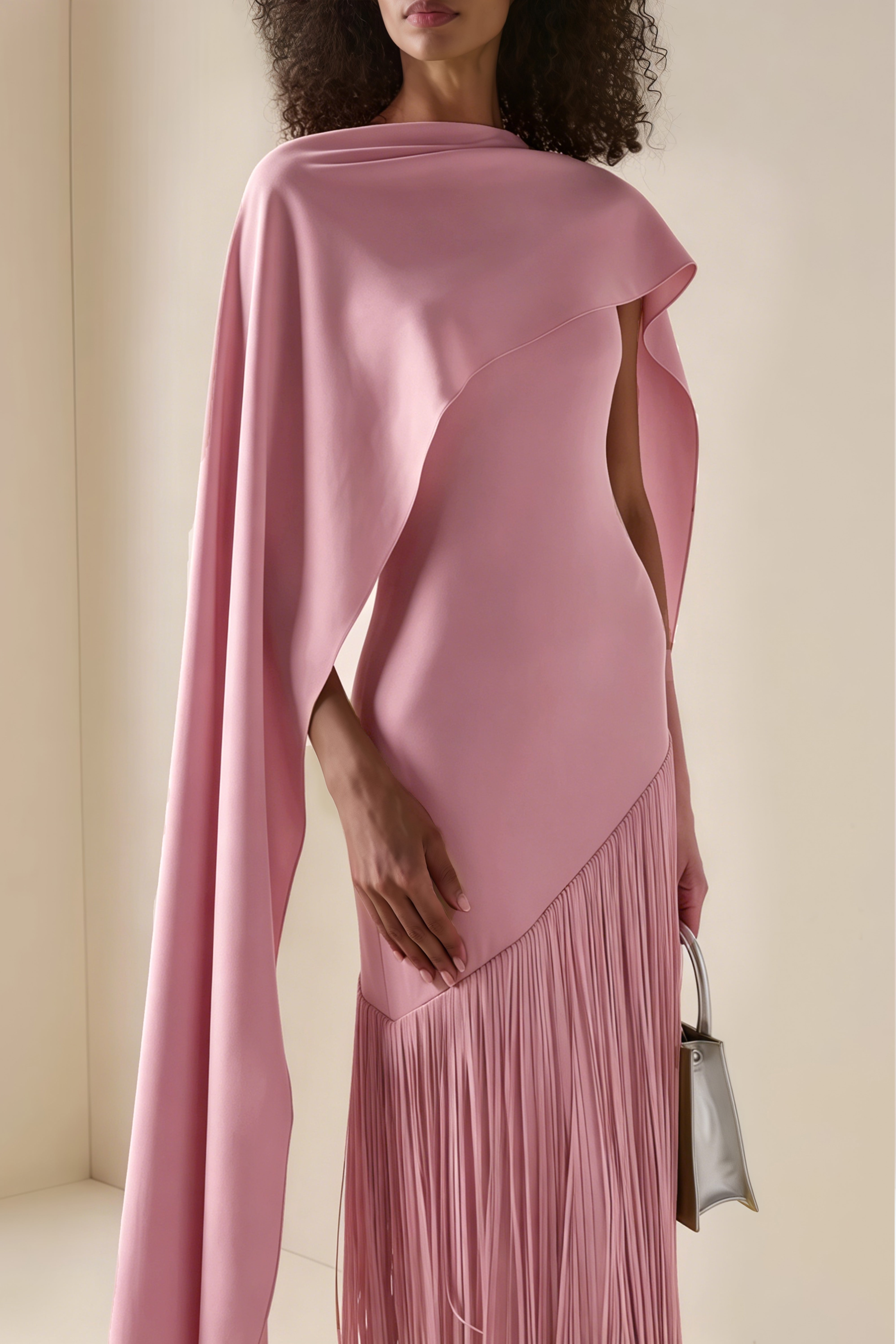Cayetana Pink Fringe Maxi Dress with Cape Effect