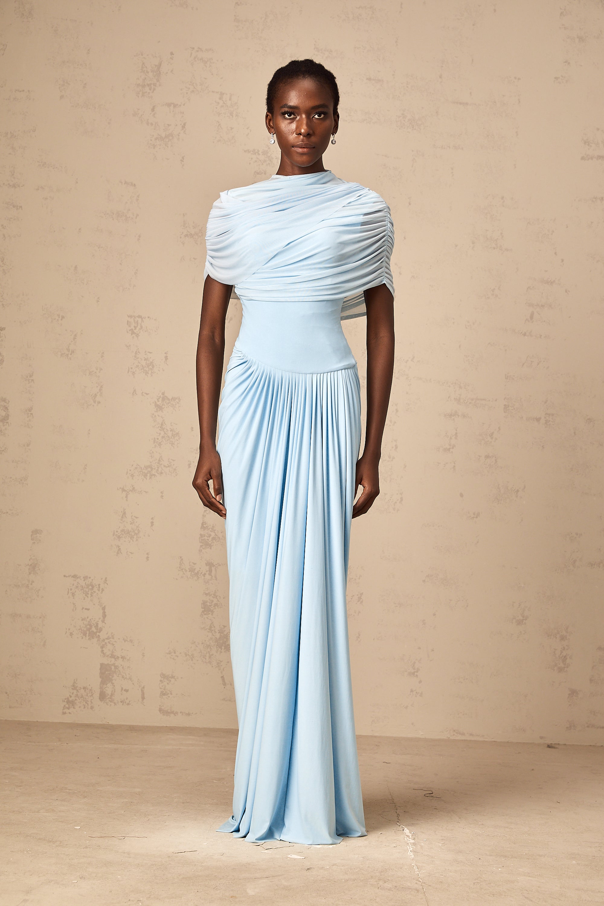 Catherine asymmetrical pleated maxi dress in Baby-blue