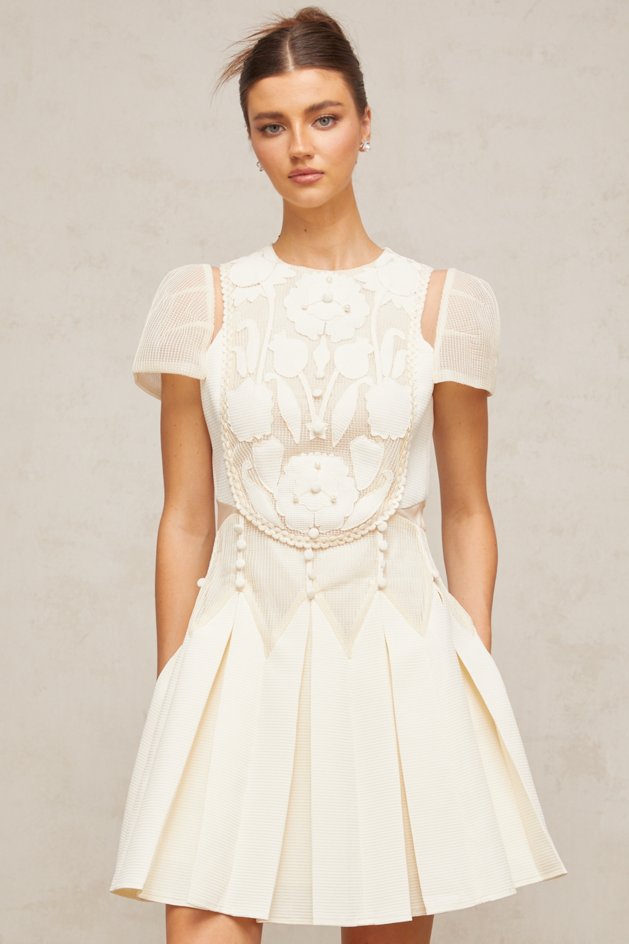 Maelle white flower-embroidered mini dress