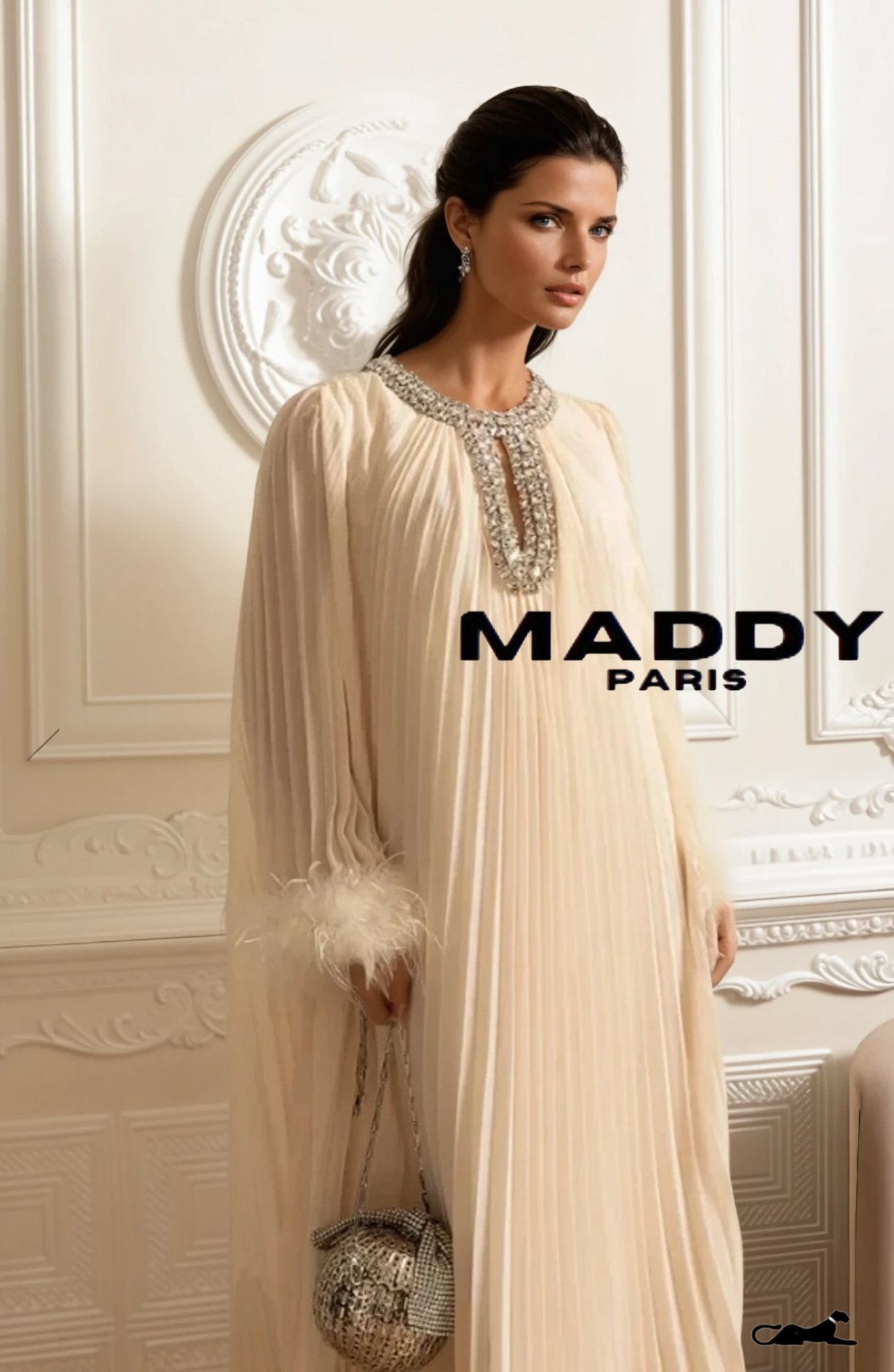 LAMISS Pleated  Maxi Dress With Feathered Cuffs And Sparkling Neckline - Ivoire