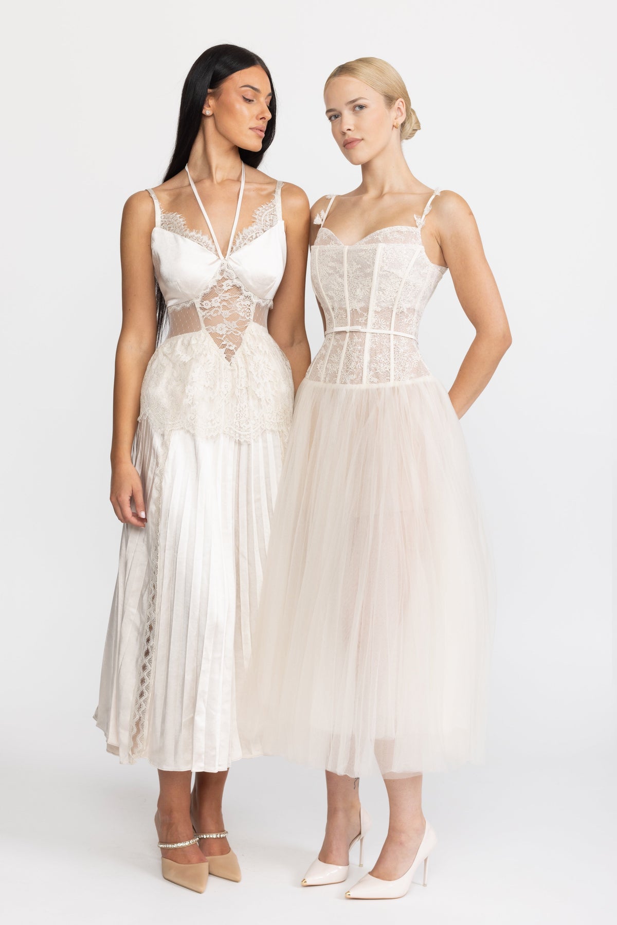 Lace Corset Tulle Midi Dress - Beige