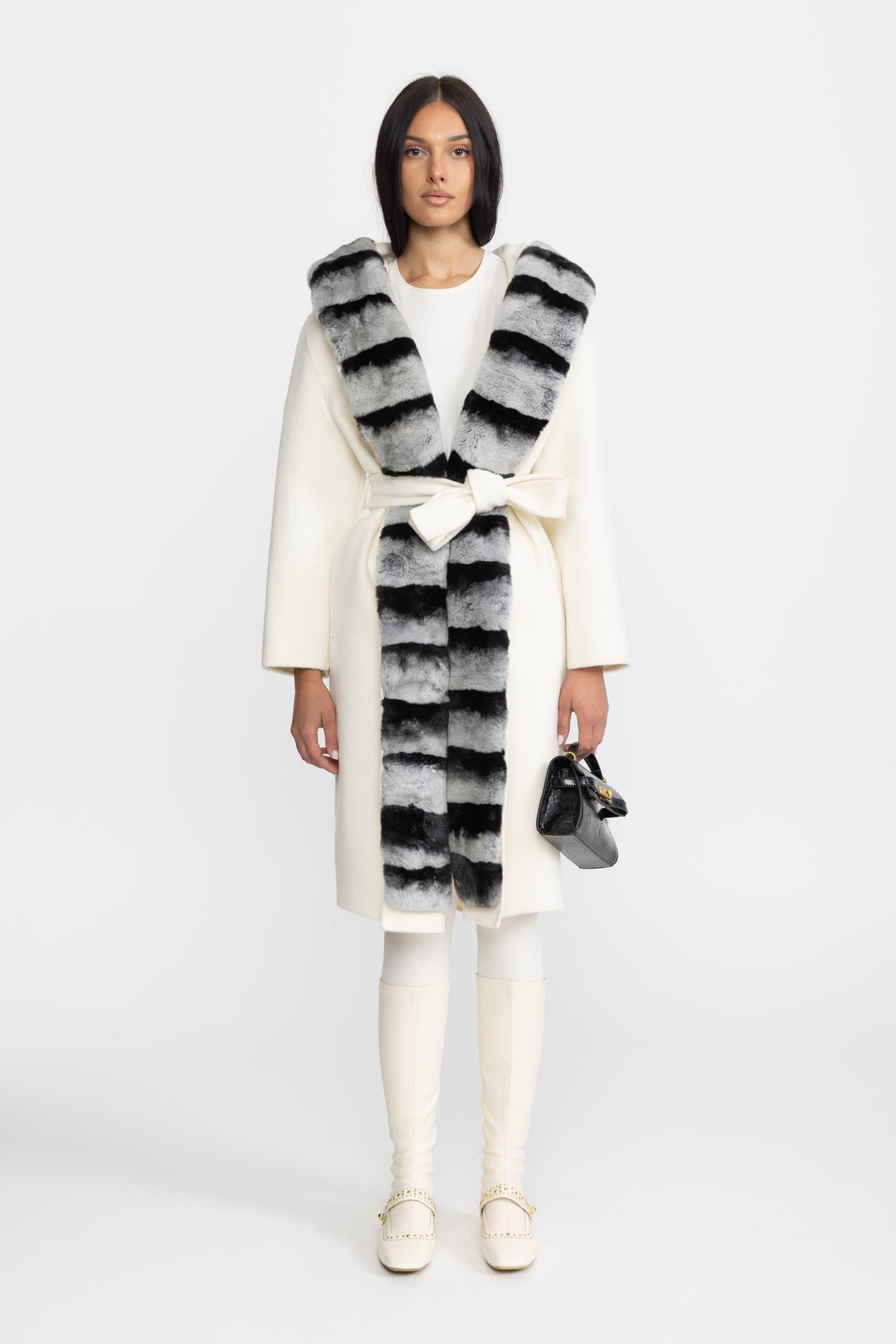 Rex Rabbit Fur Trim Hooded Wool Wrap Coat - Ivoire