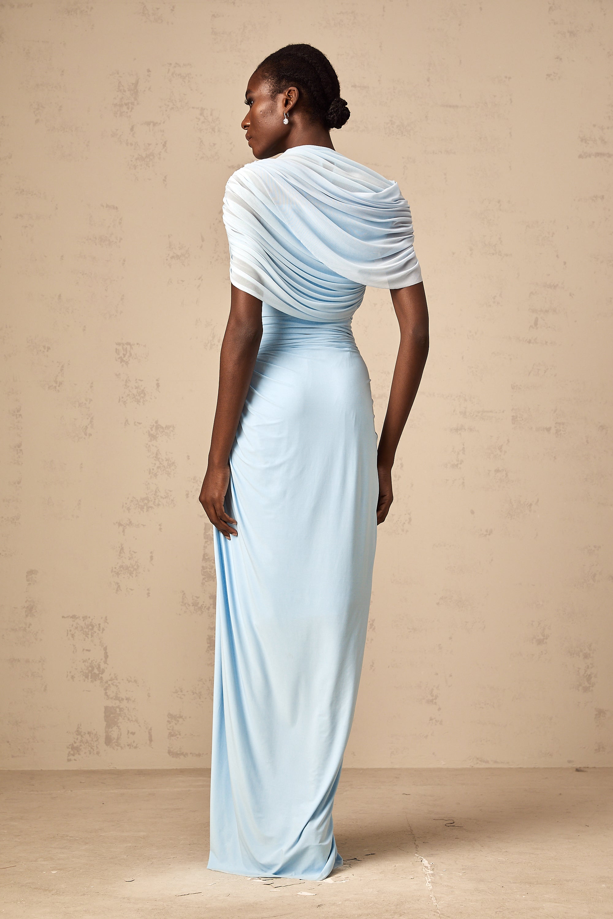 Catherine asymmetrical pleated maxi dress in Baby-blue