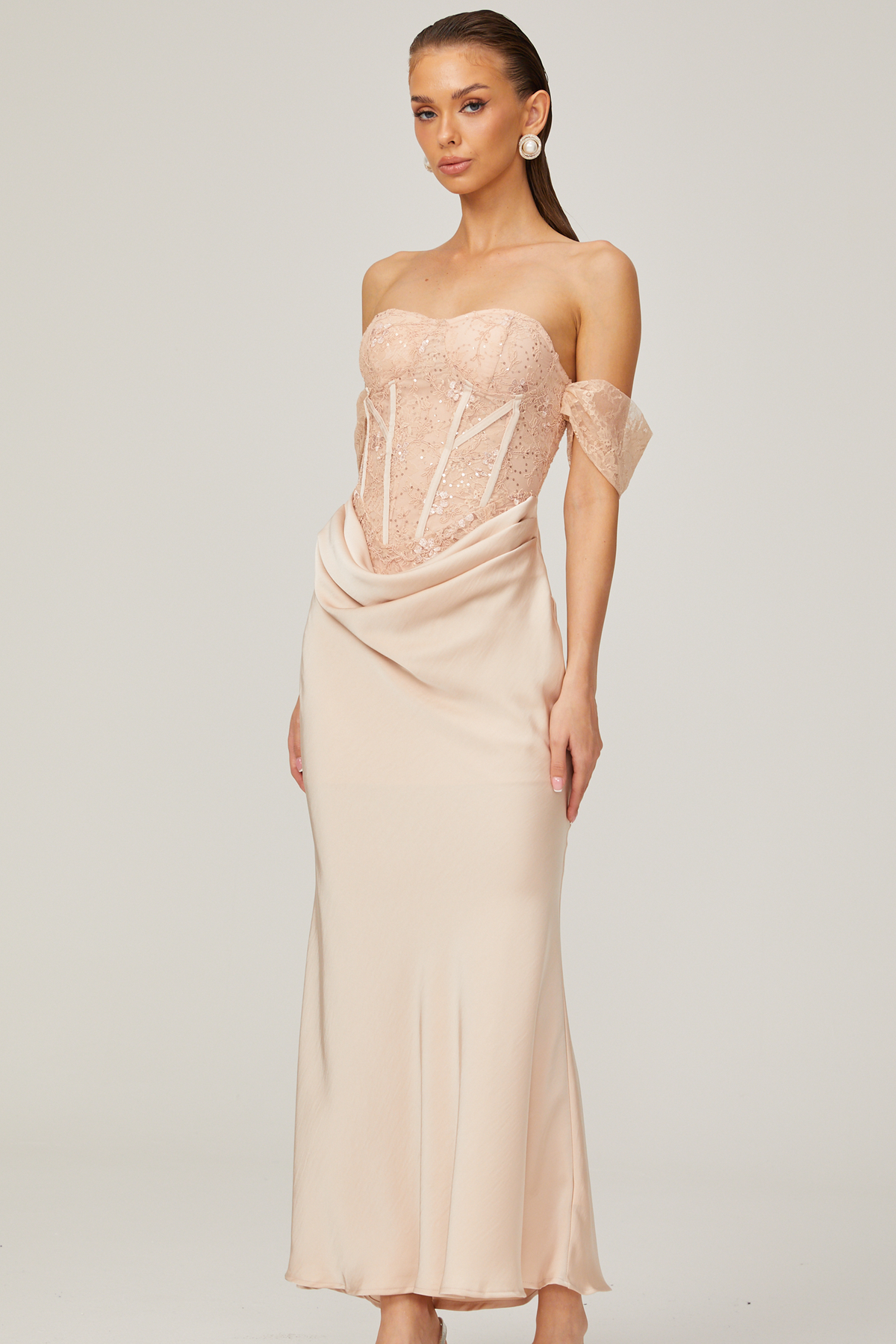 Ariane pink lace-panel draped midi dress
